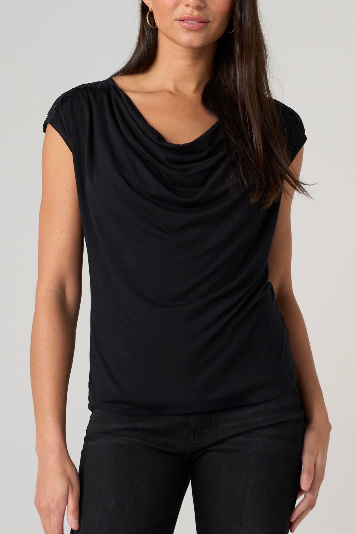 Draped Neck Sleeveless Knit Top W/Lace