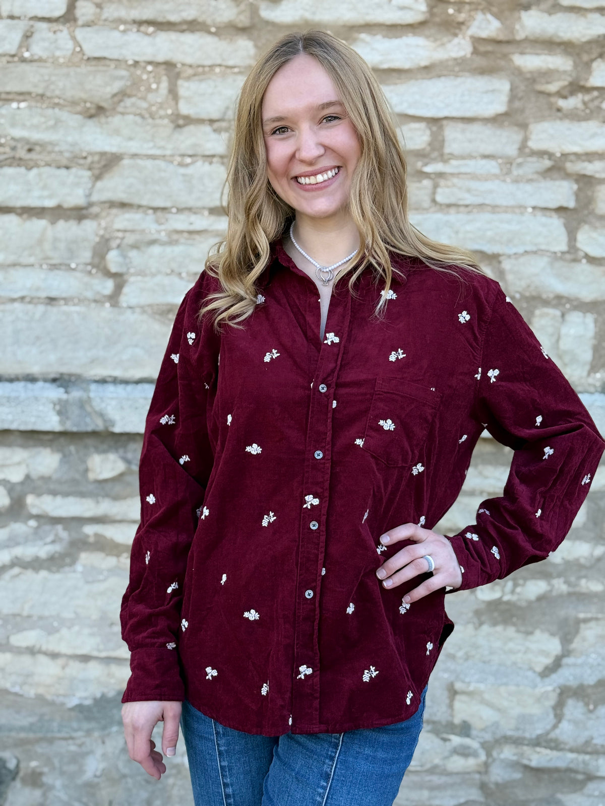 Cord Embroidered Button Up Tea Rose