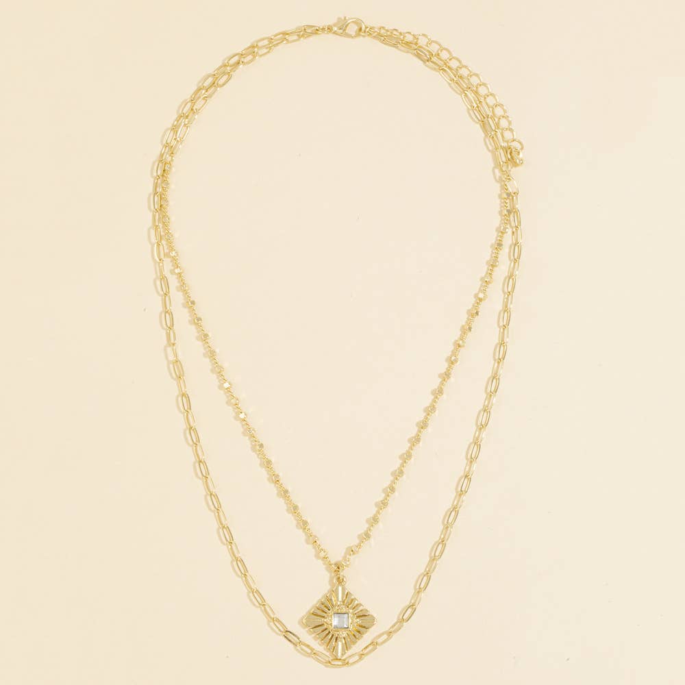 Crystal Sunburst Medallion Layered Necklace