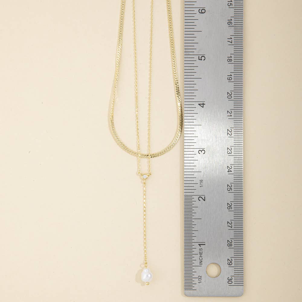 Layered Snake Chain Pearl Drop Y Necklace