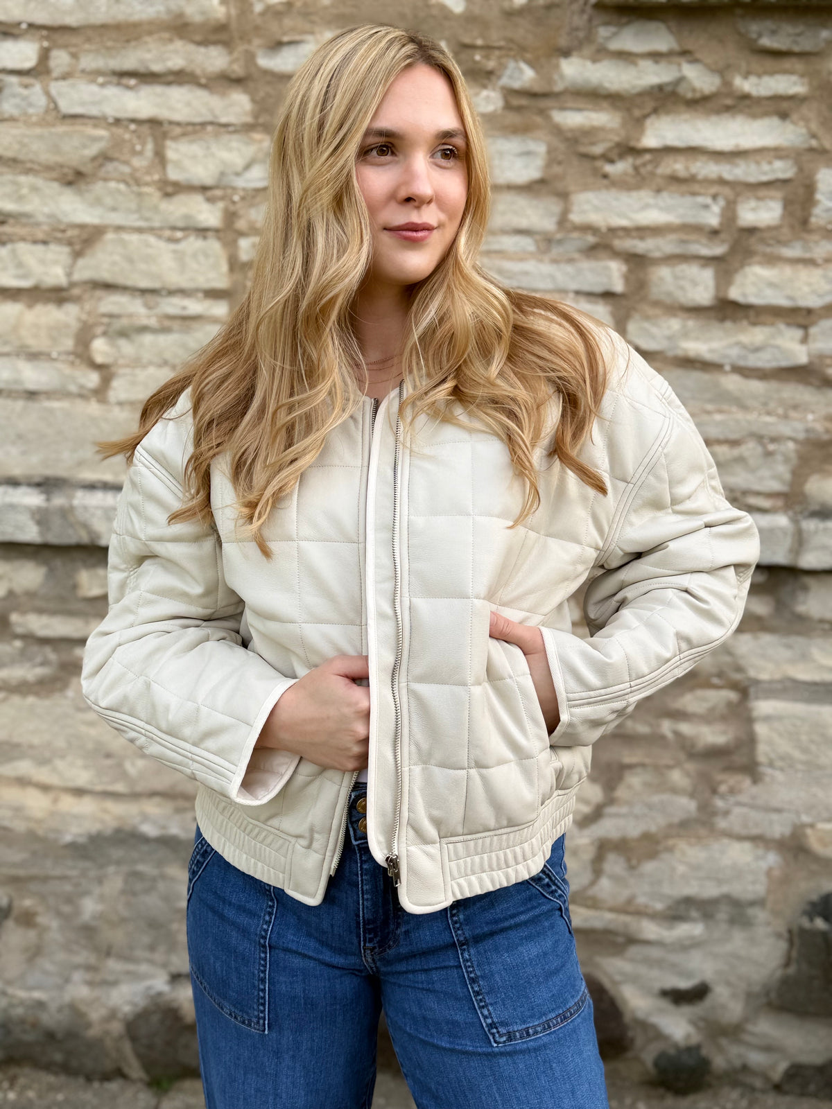 Quilted Zip Front Faux Leather Jacket Oyster
