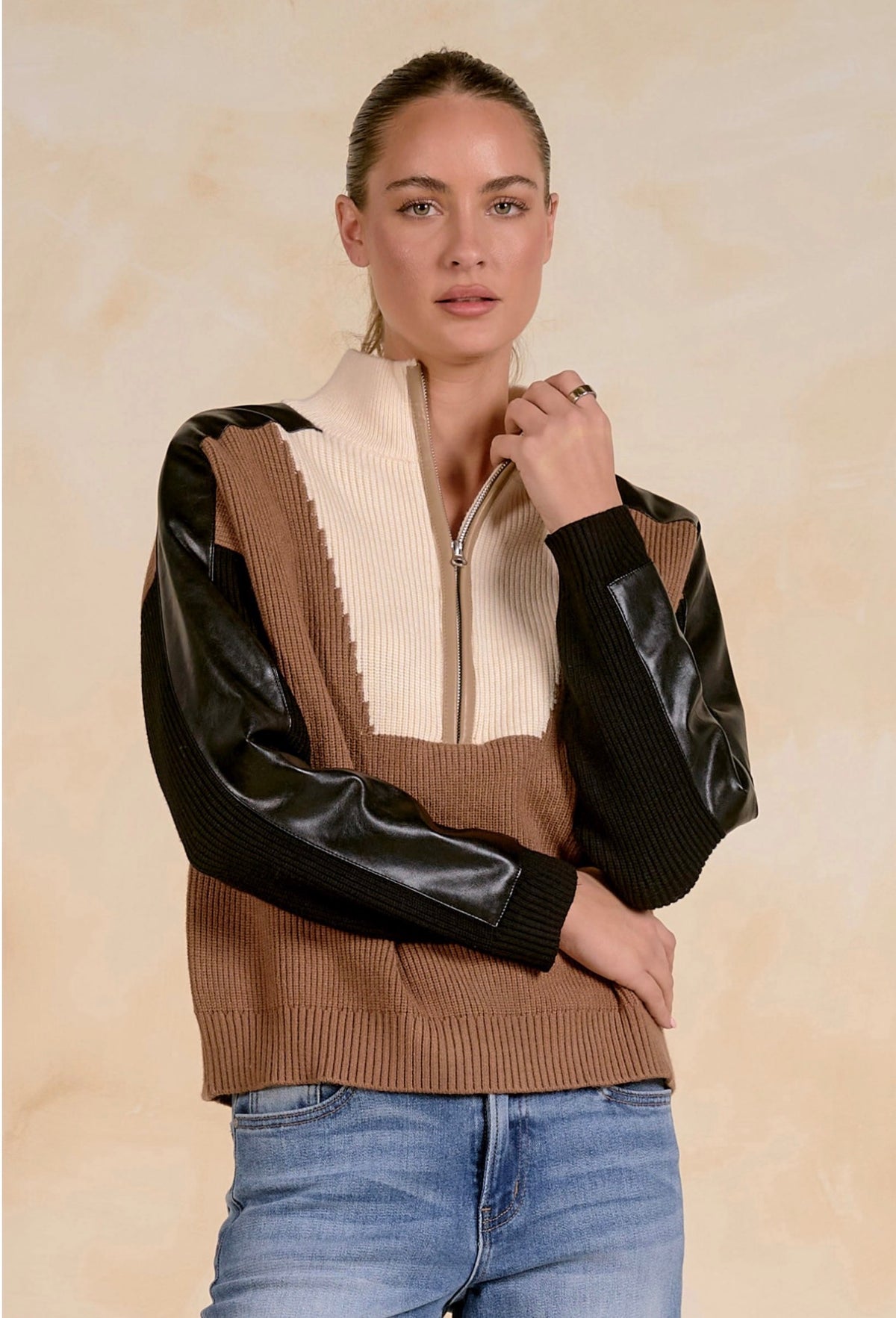 Color Block Quarter Zip Sweater