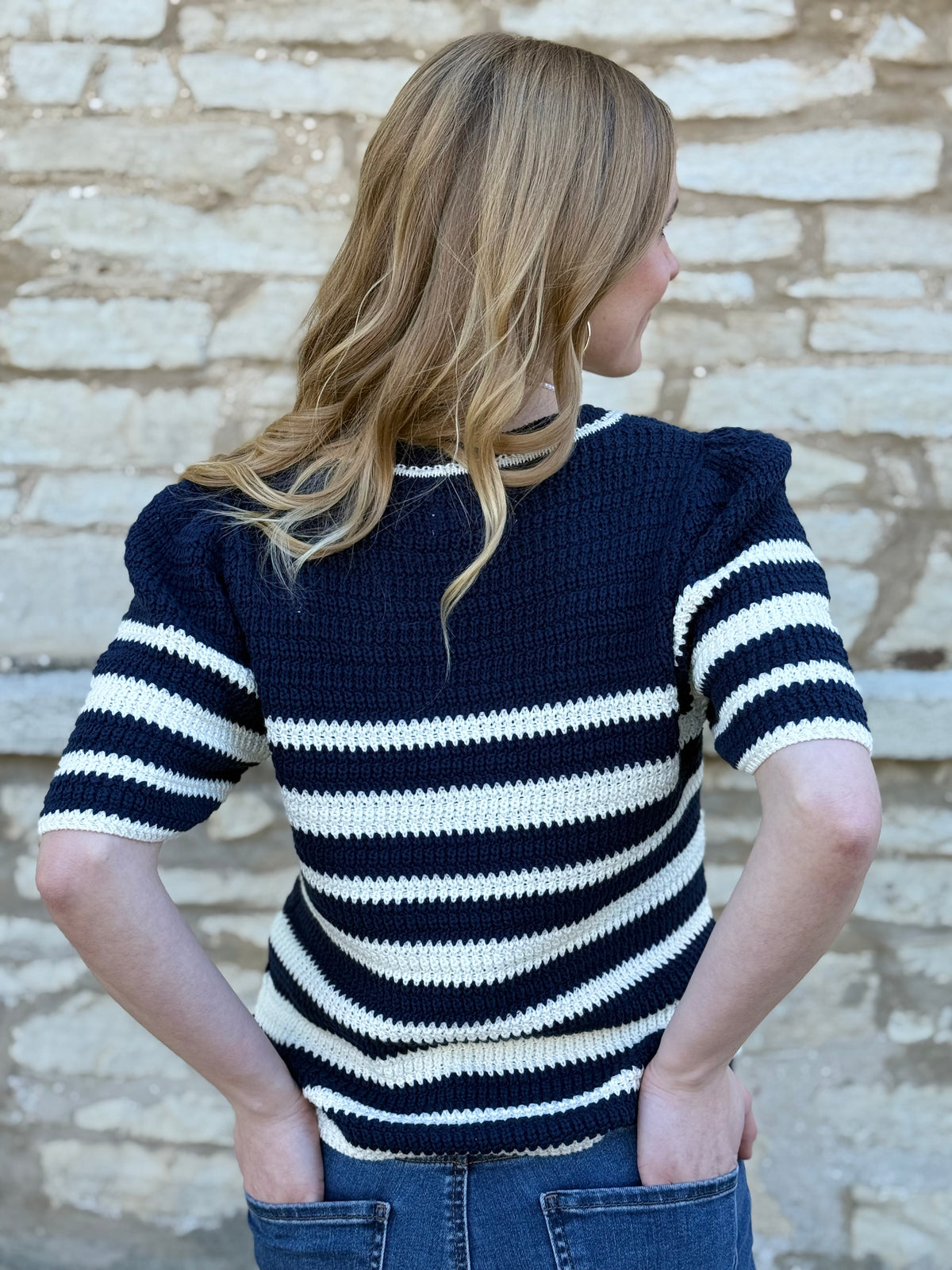 Samone Navy Stripe Knit Short Sleeve Sweater