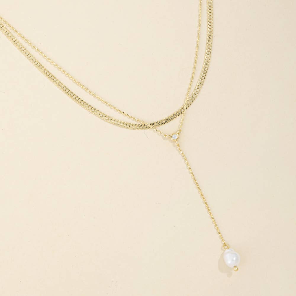 Layered Snake Chain Pearl Drop Y Necklace