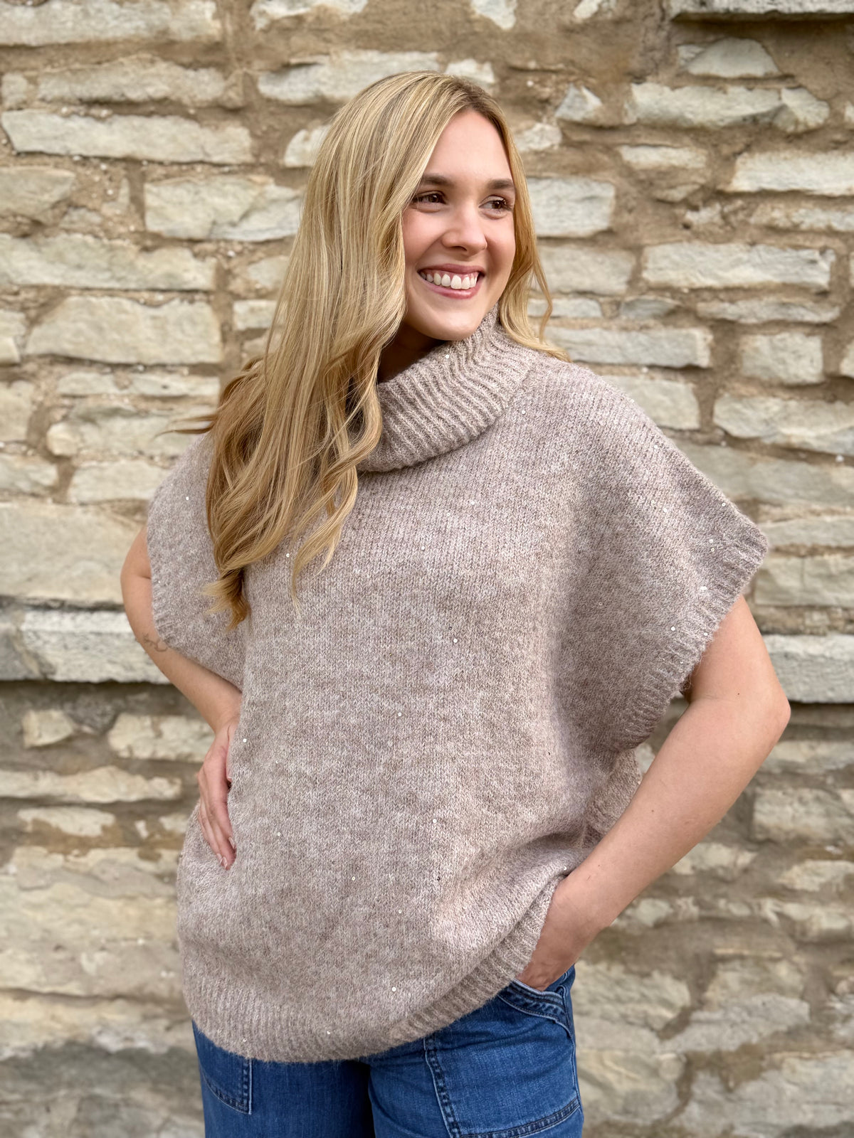 Turtle Neck Sequin Sleeveless Sweater