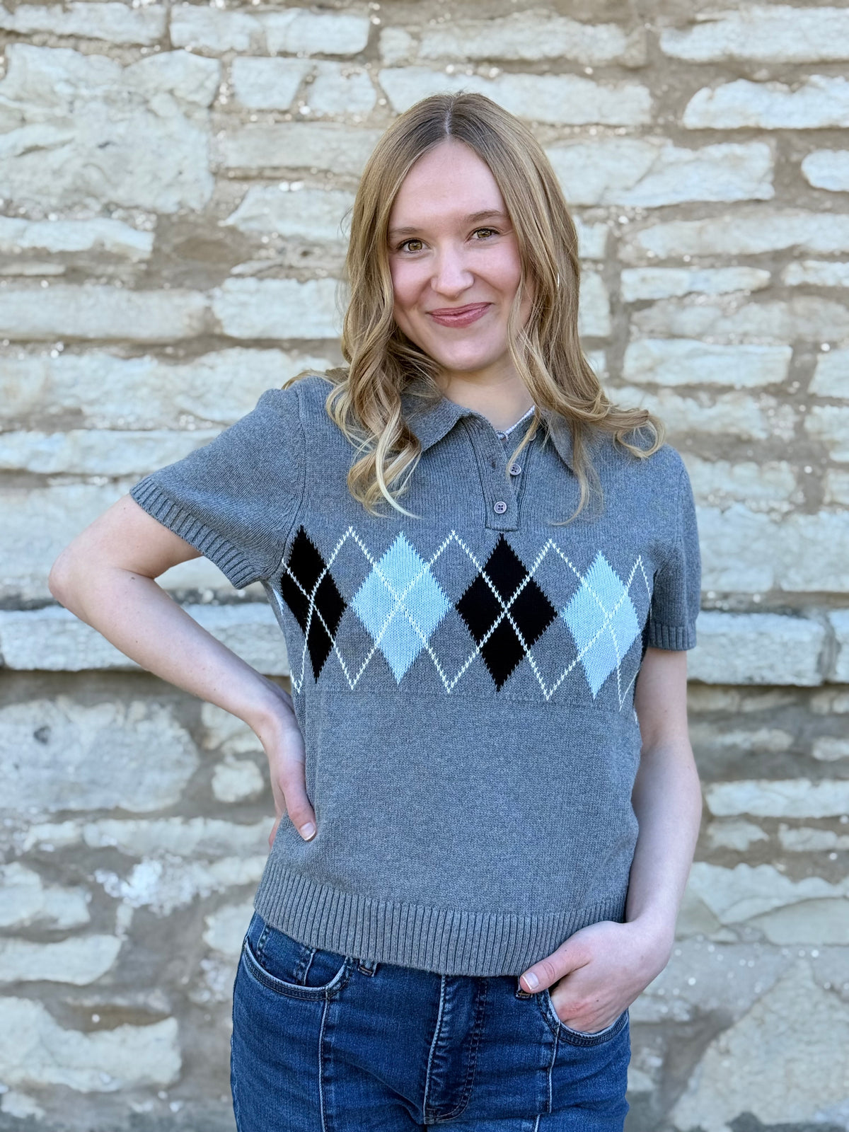 Collard Short Sleeved Argyle Sweater Grey