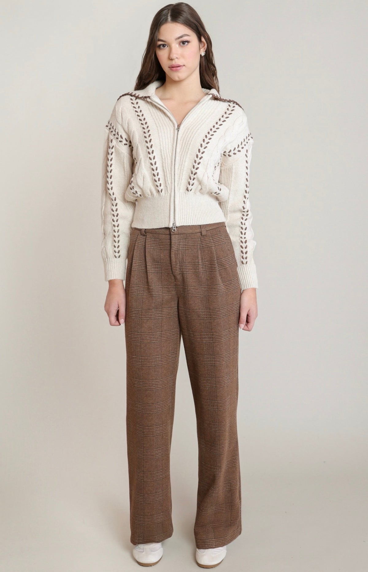 Cable Zip-Up Cardigan Oatmeal