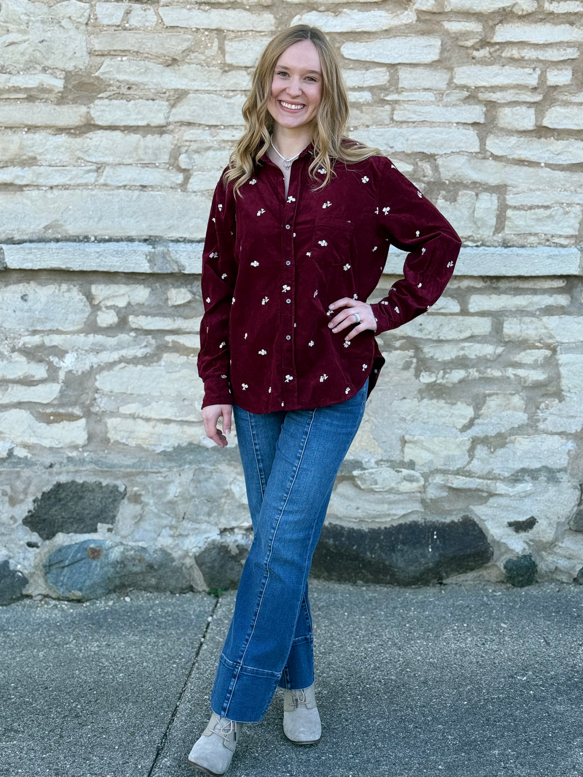 Cord Embroidered Button Up Tea Rose