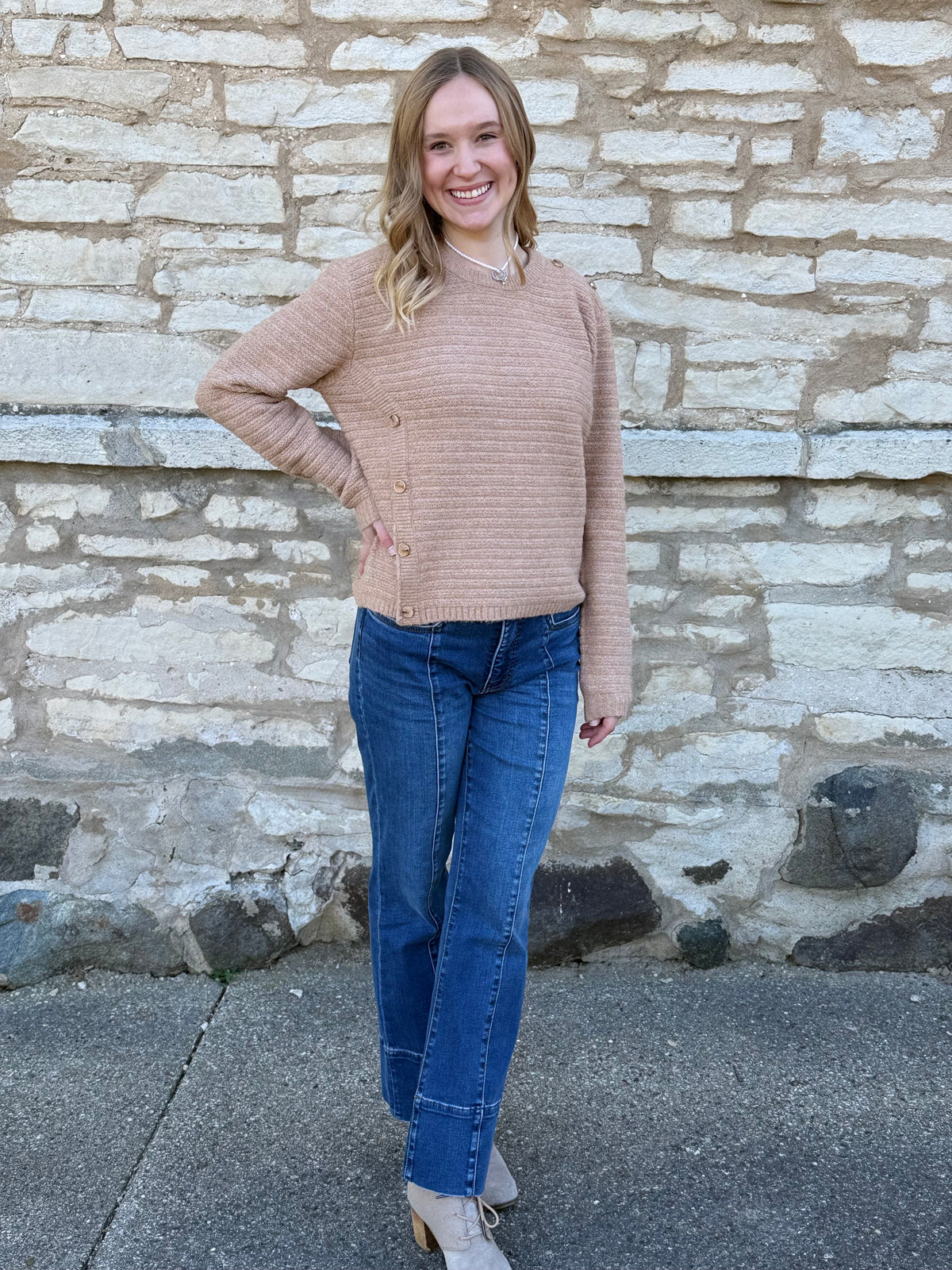 Button Detailed Textured Sweater Graham Cracker