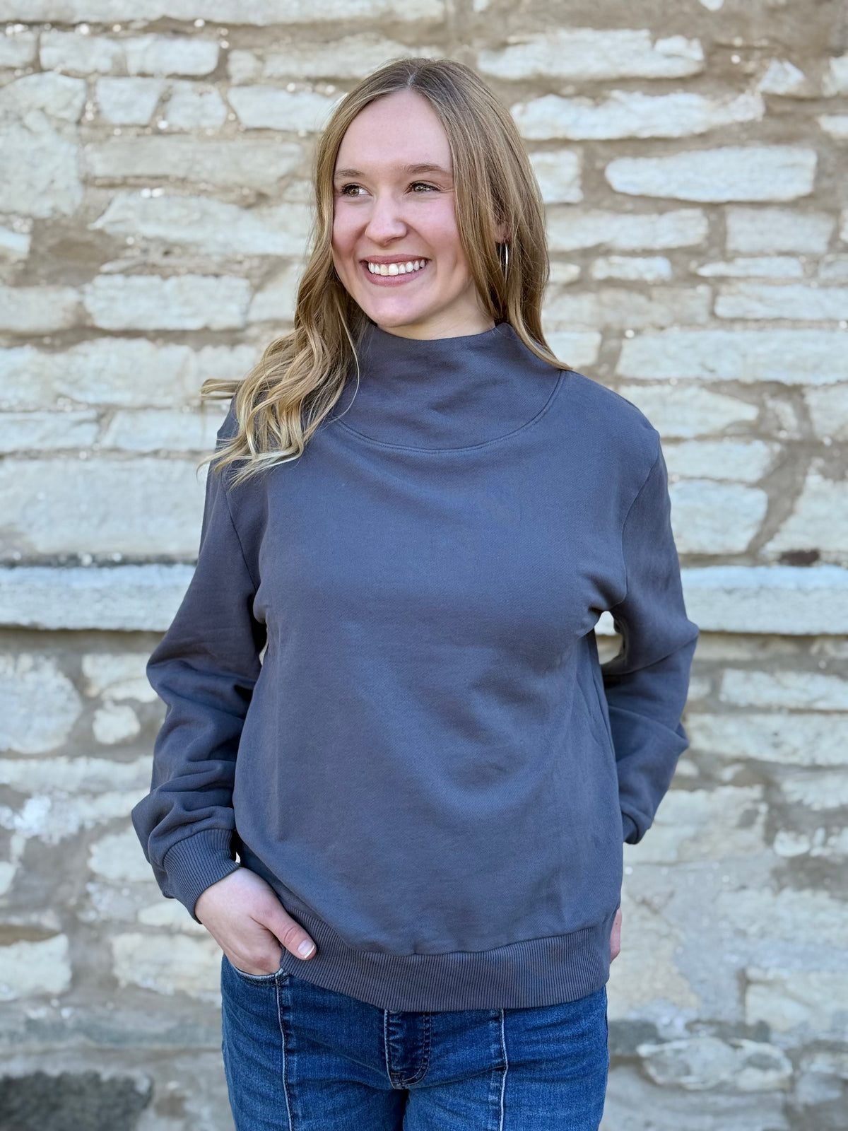 Cotton Cashmere Terry Open Mock Neck