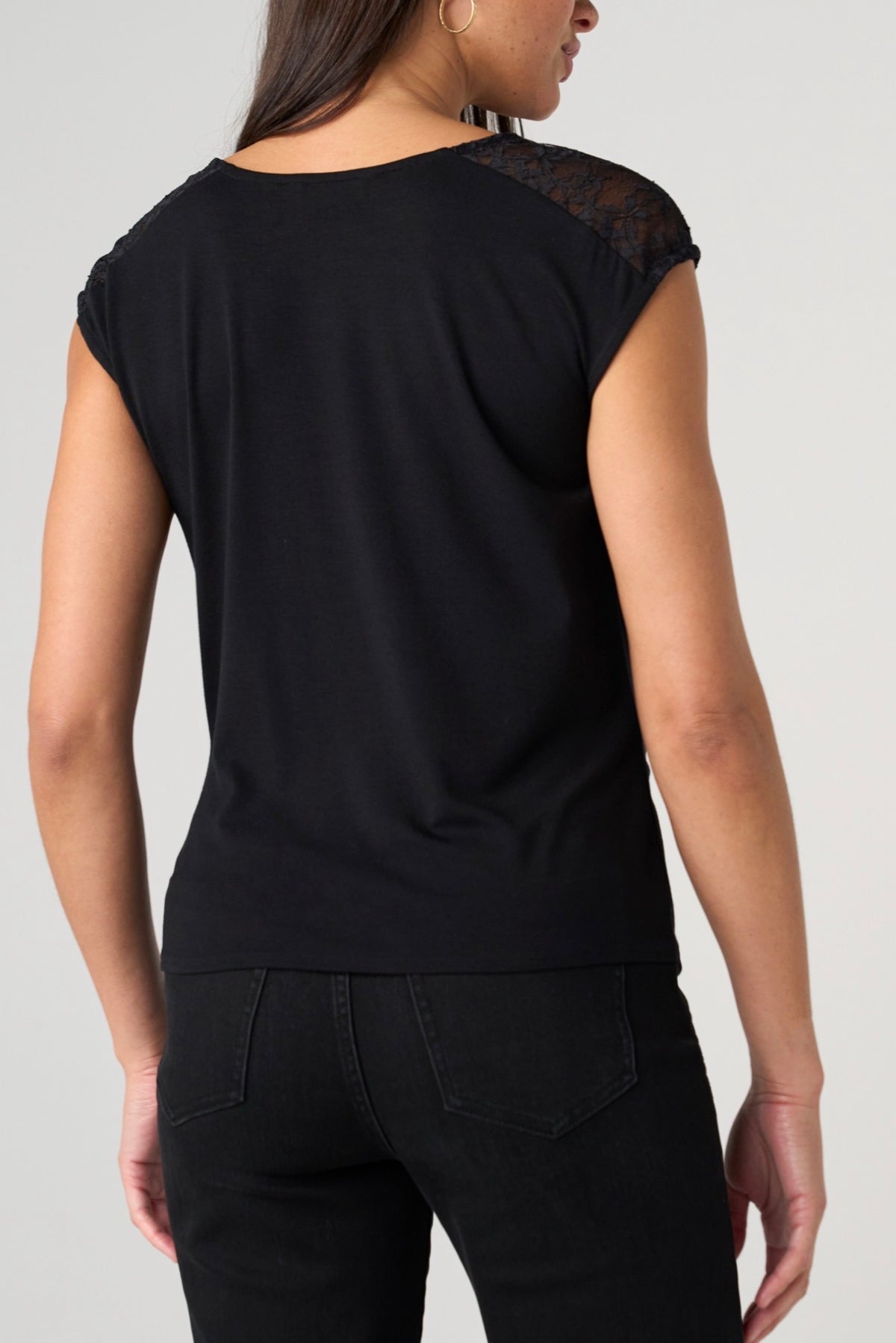 Draped Neck Sleeveless Knit Top W/Lace
