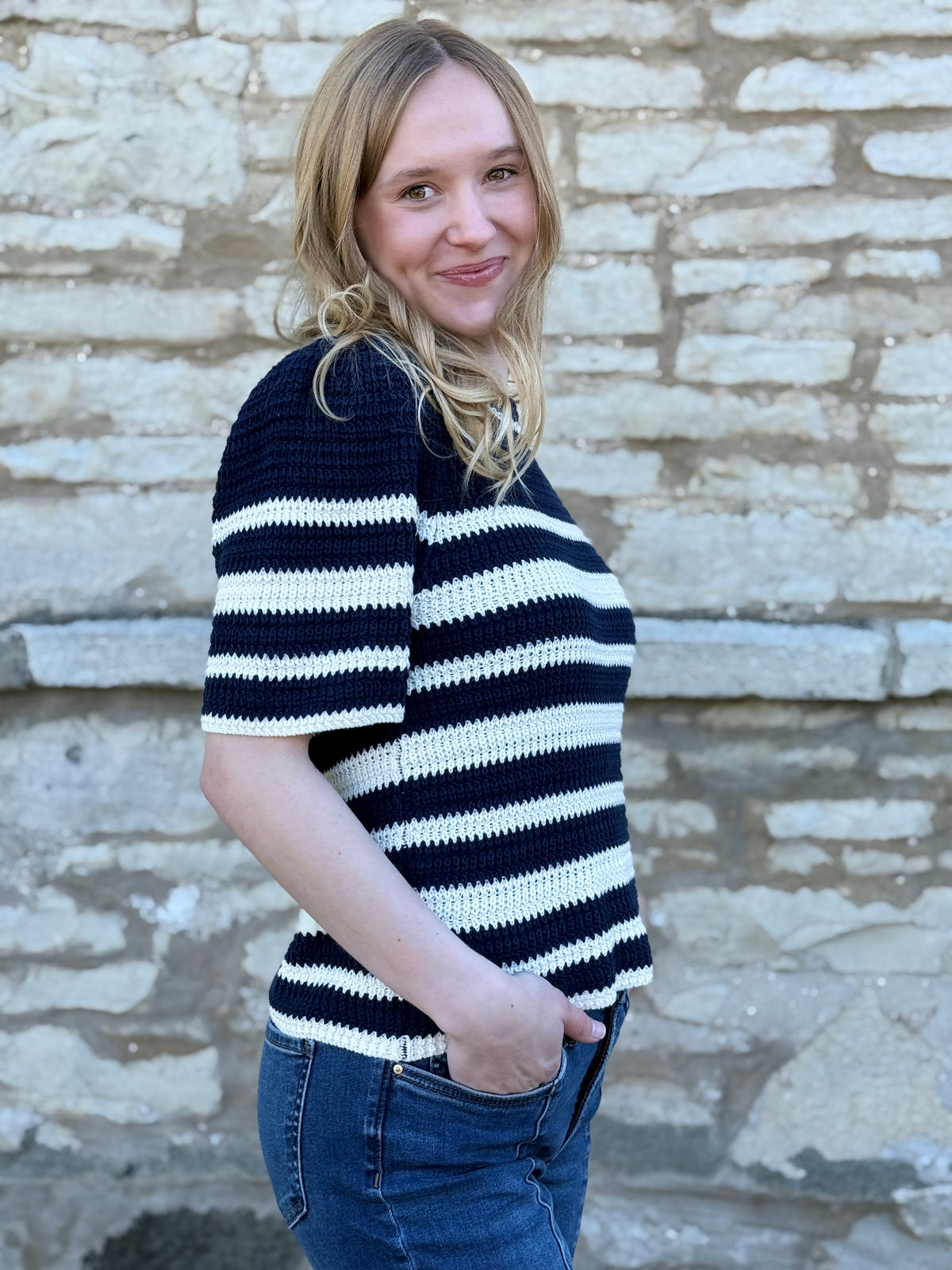 Samone Navy Stripe Knit Short Sleeve Sweater