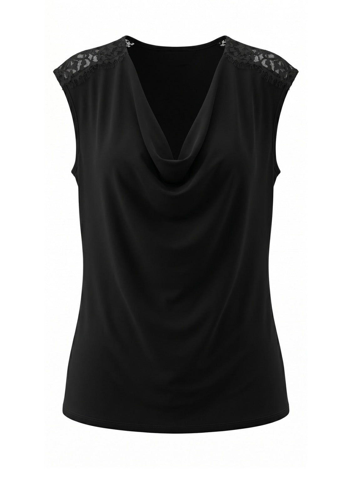 Draped Neck Sleeveless Knit Top W/Lace