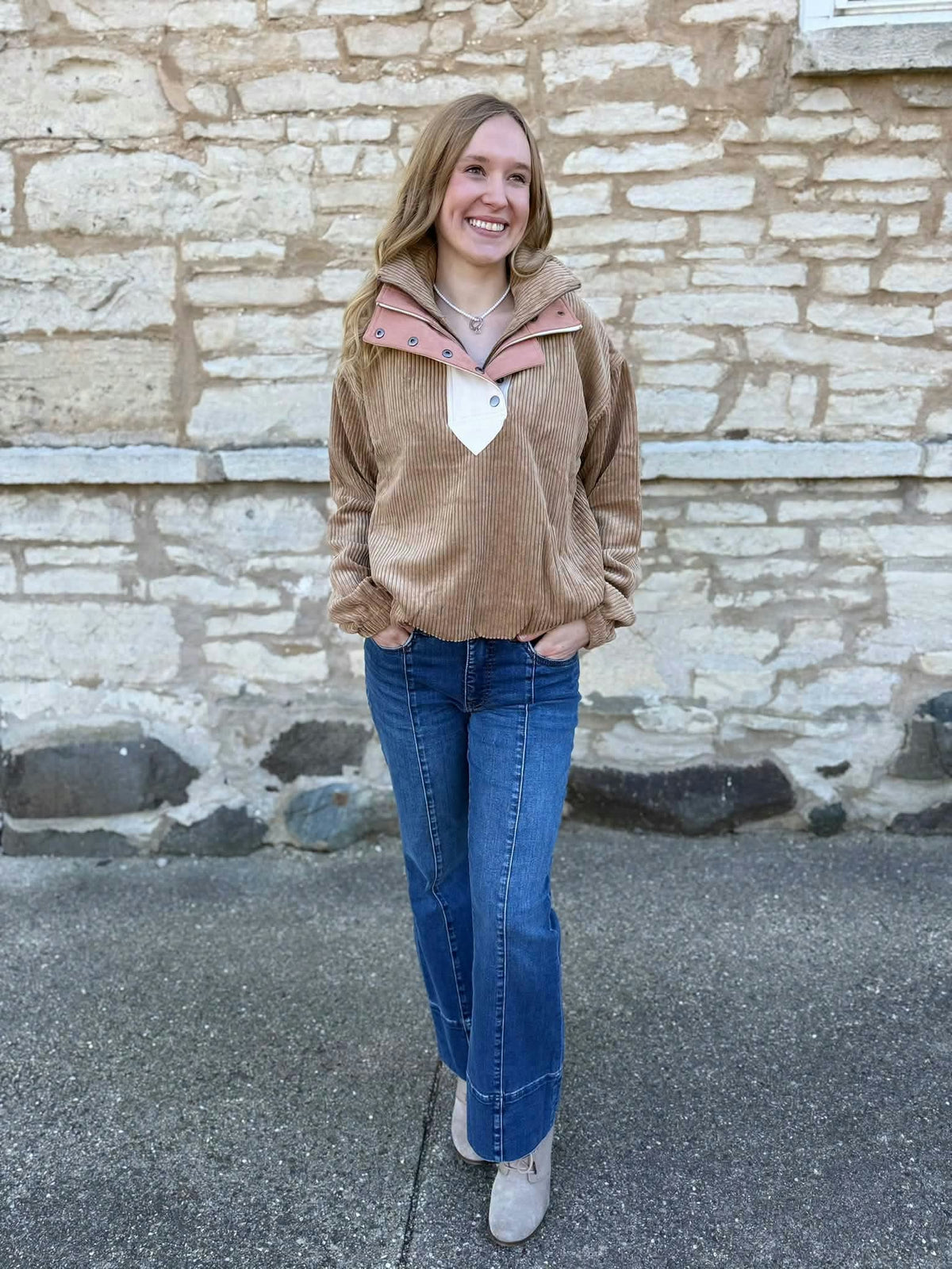 Bulky Corduroy Two-Fer Double Collard Button Front Jacket W/Bubble Hem Camel