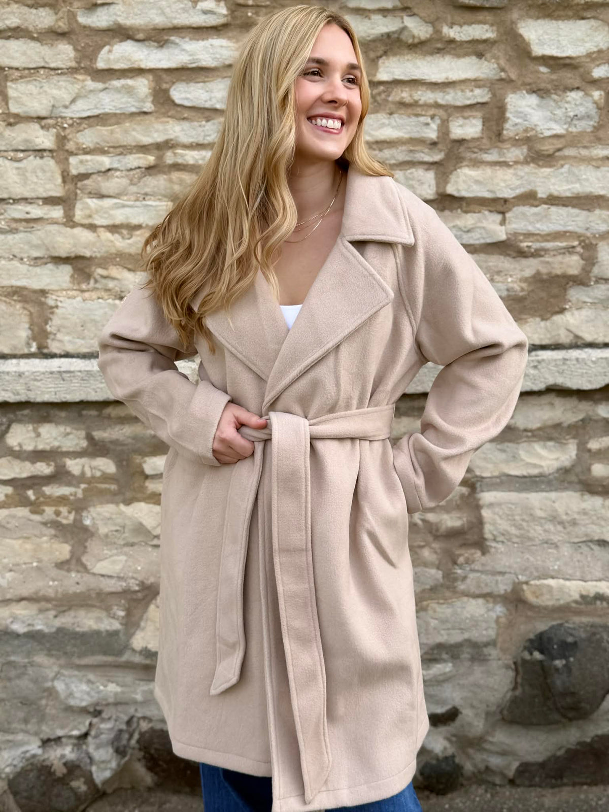 Lapel Collar Long Coat Oatmeal