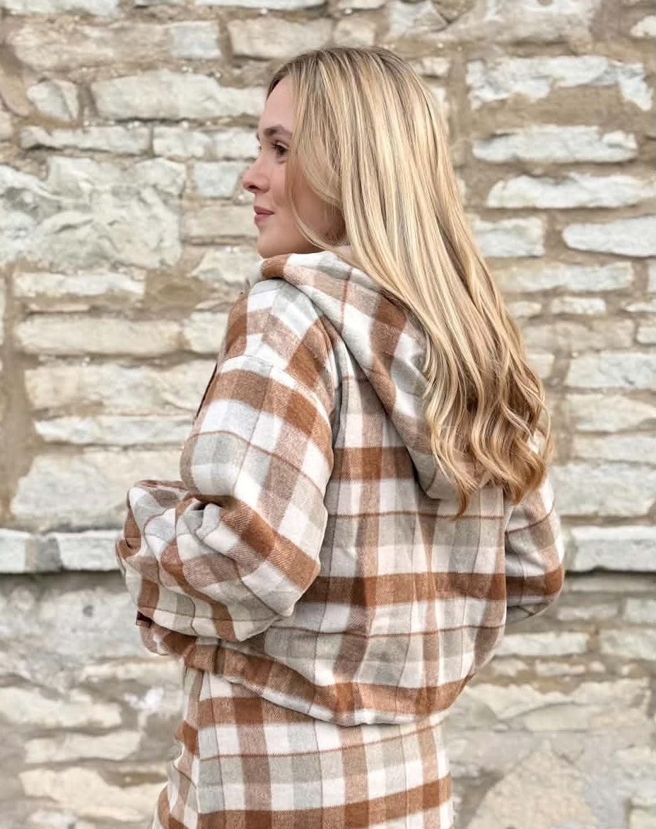 Faux Wool Plaid Bubble Hem Hoodie Jacket Caramel