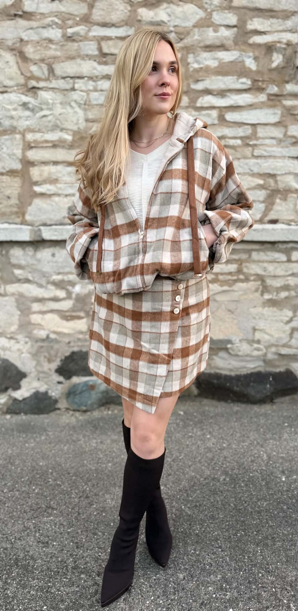 Faux Wool Plaid Bubble Hem Hoodie Jacket Caramel
