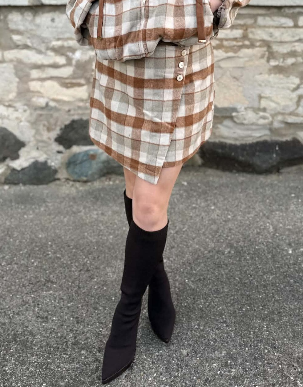 Faux Wool Plaid Mini Skirt Caramel