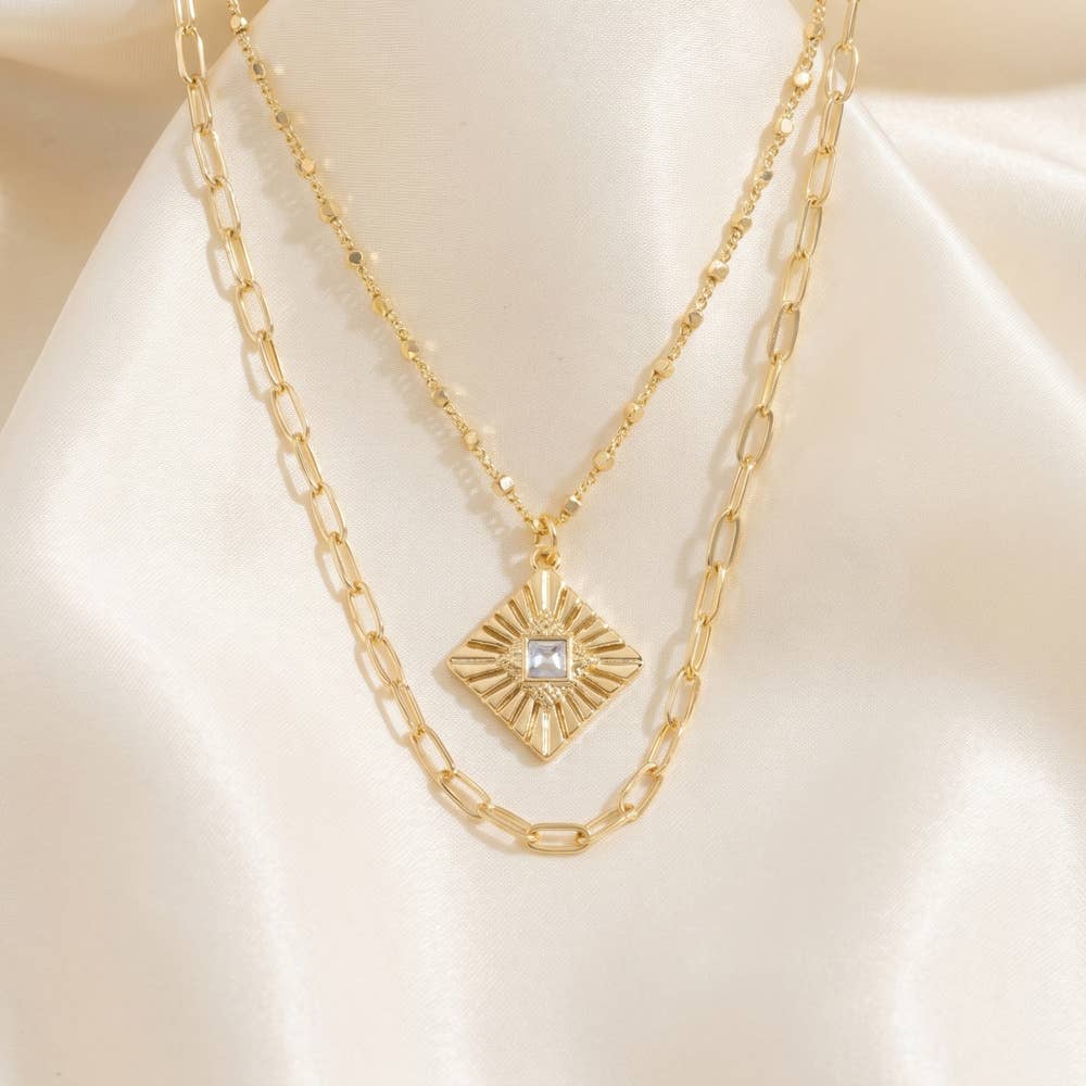 Crystal Sunburst Medallion Layered Necklace