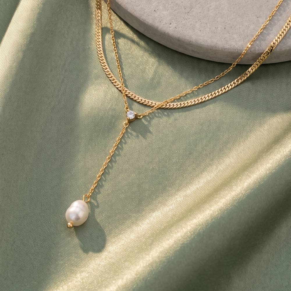 Layered Snake Chain Pearl Drop Y Necklace