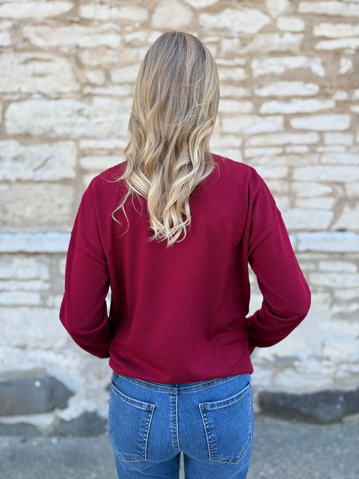 Long Sleeve Drape Neck Woven Sweater Cranberry