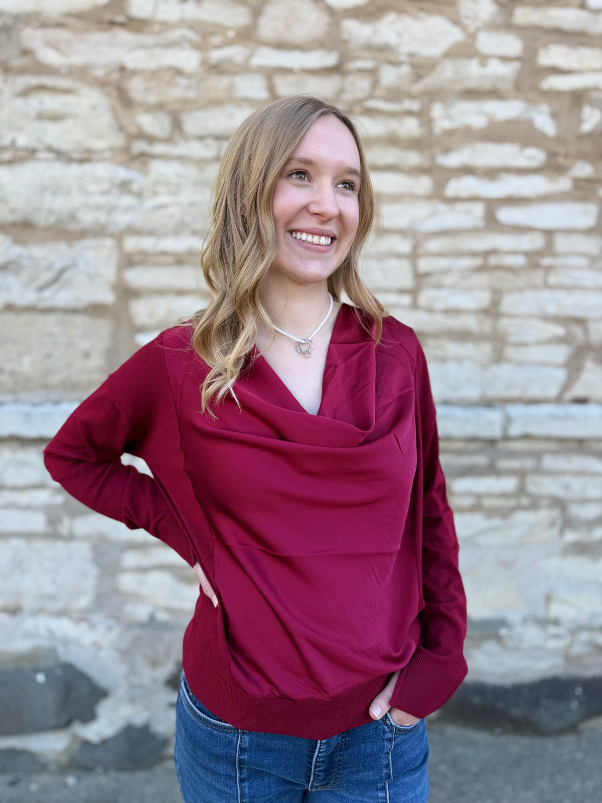 Long Sleeve Drape Neck Woven Sweater Cranberry