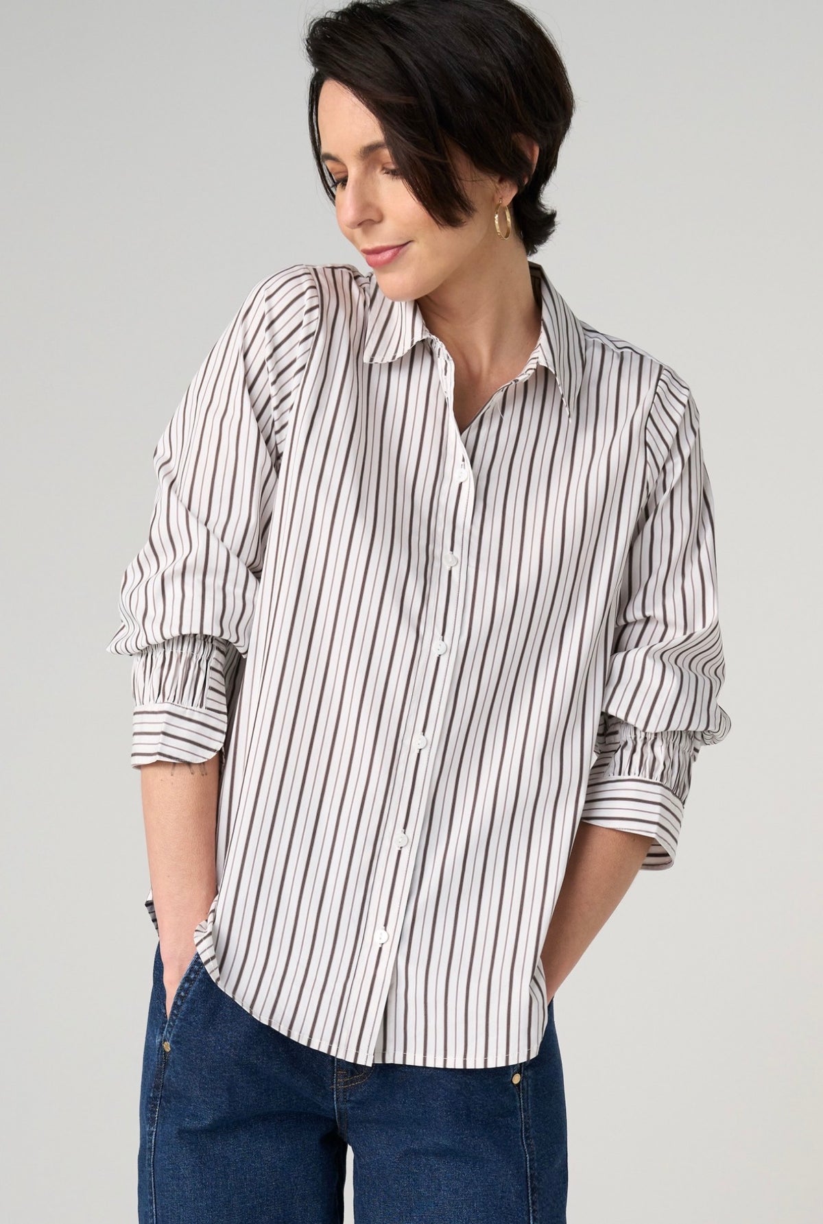 Striped Button Front Top Crm/Drk Expresso