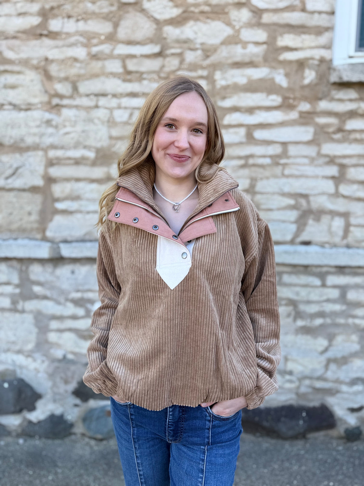 Bulky Corduroy Two-Fer Double Collard Button Front Jacket W/Bubble Hem Camel