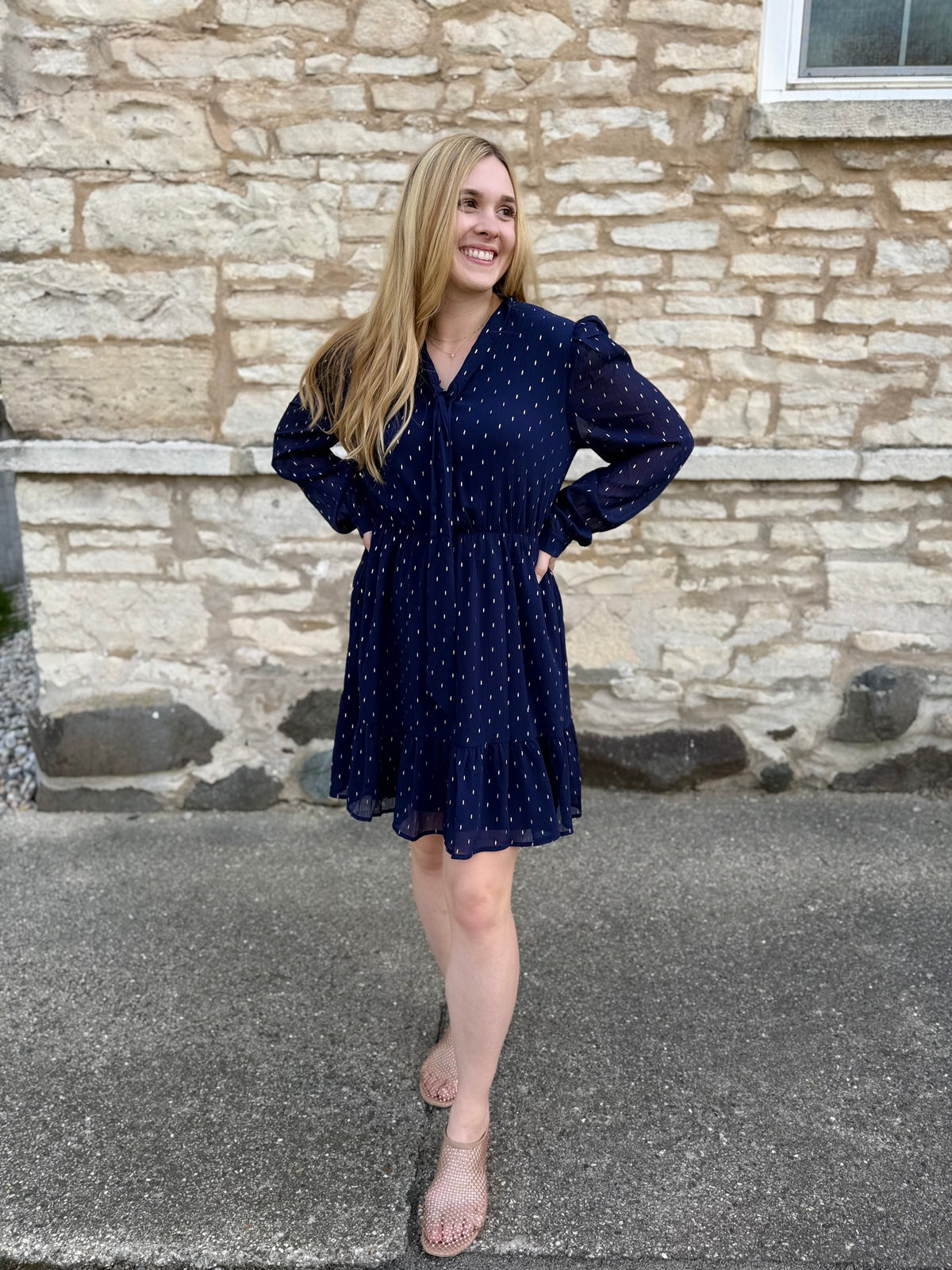 Front Neck Tie Mini Tiered Dress W/Gold Foil Detail