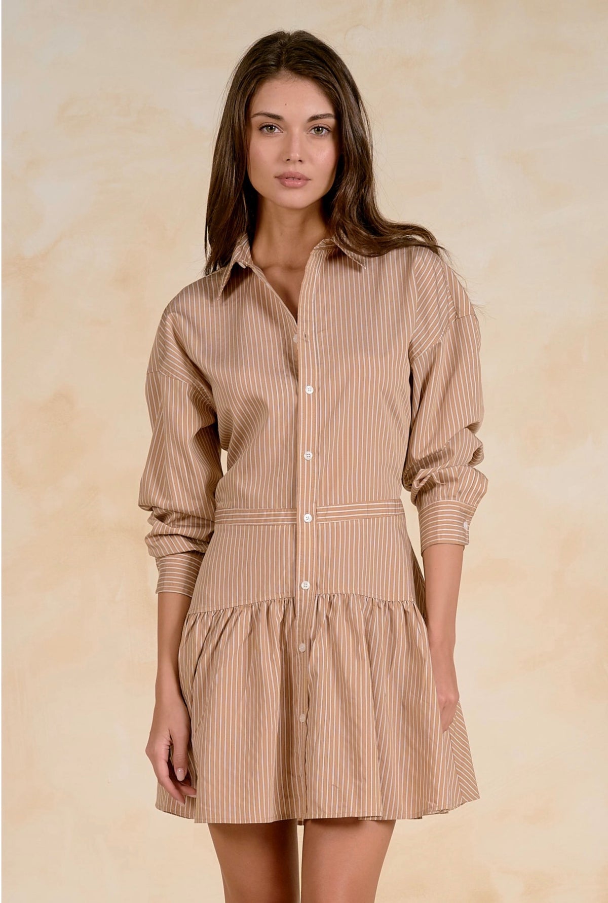 Button Down Dress Tan Stripe