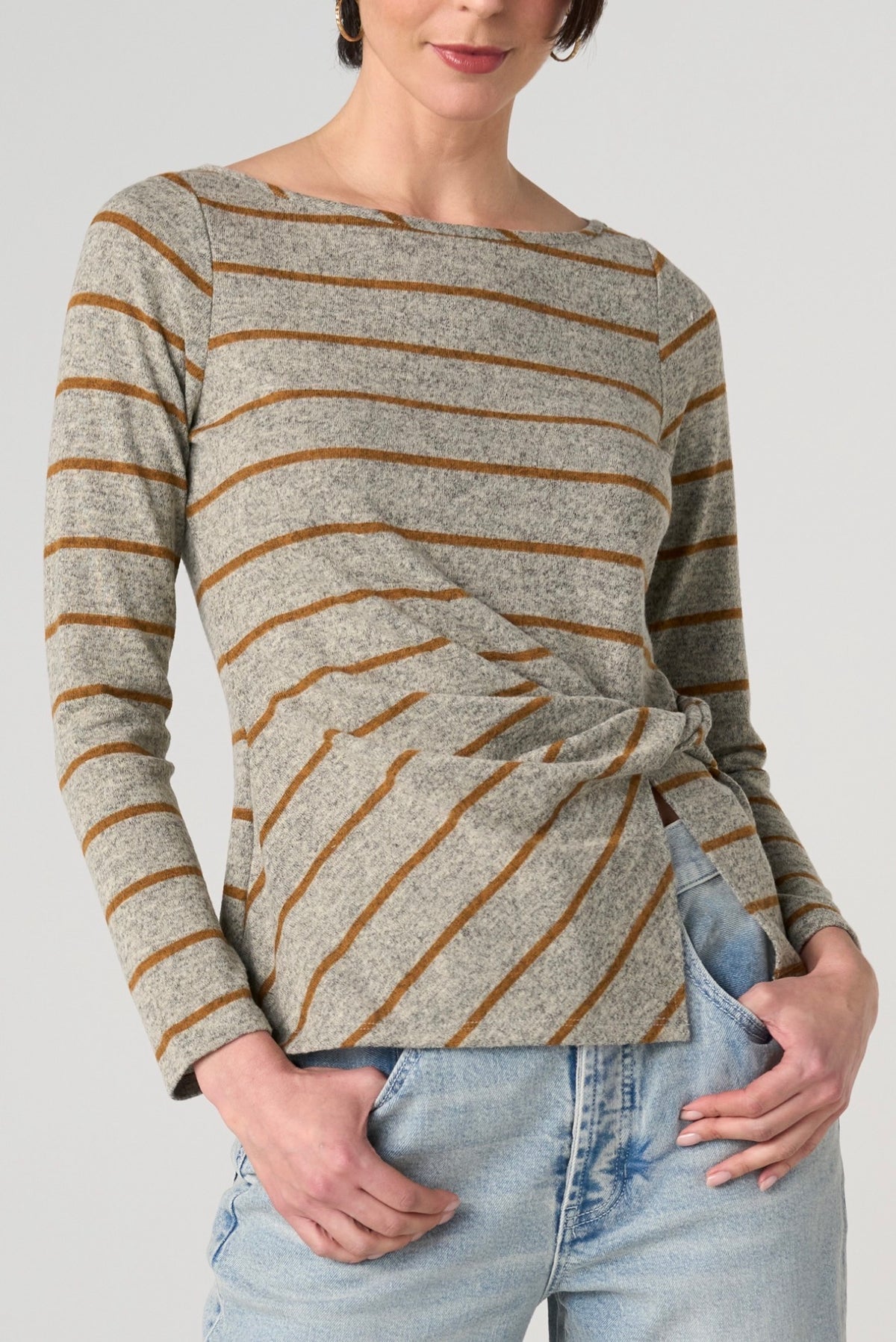 Long Sleeve Boat Neck Top With Twist Detail