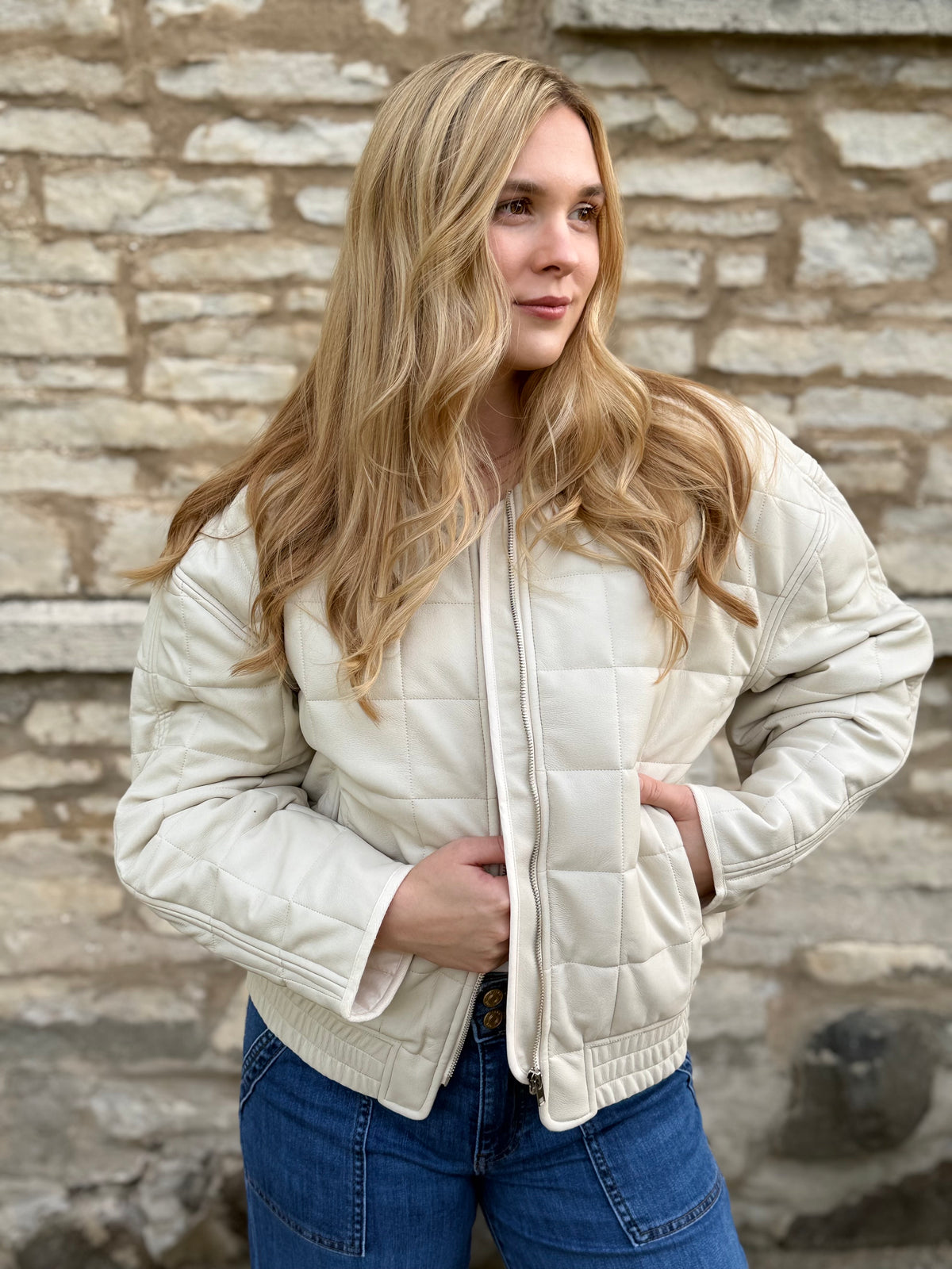 Quilted Zip Front Faux Leather Jacket Oyster