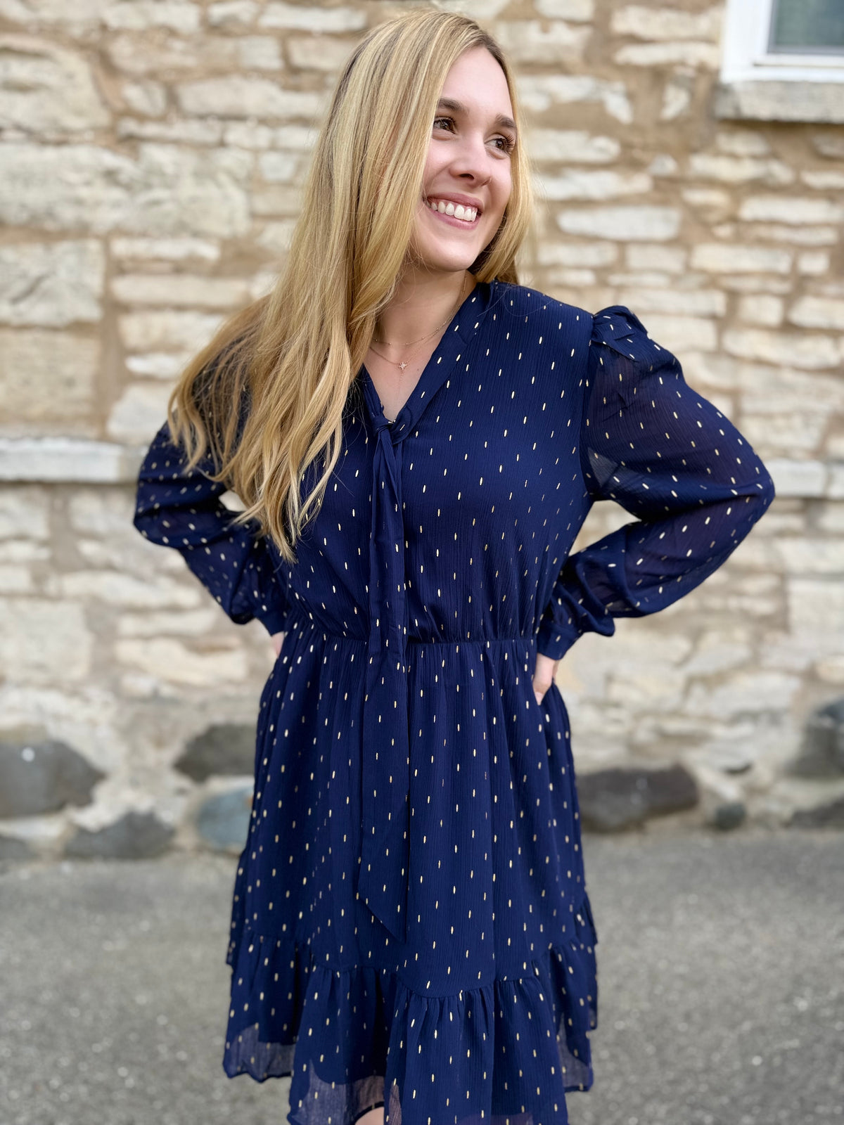 Front Neck Tie Mini Tiered Dress W/Gold Foil Detail