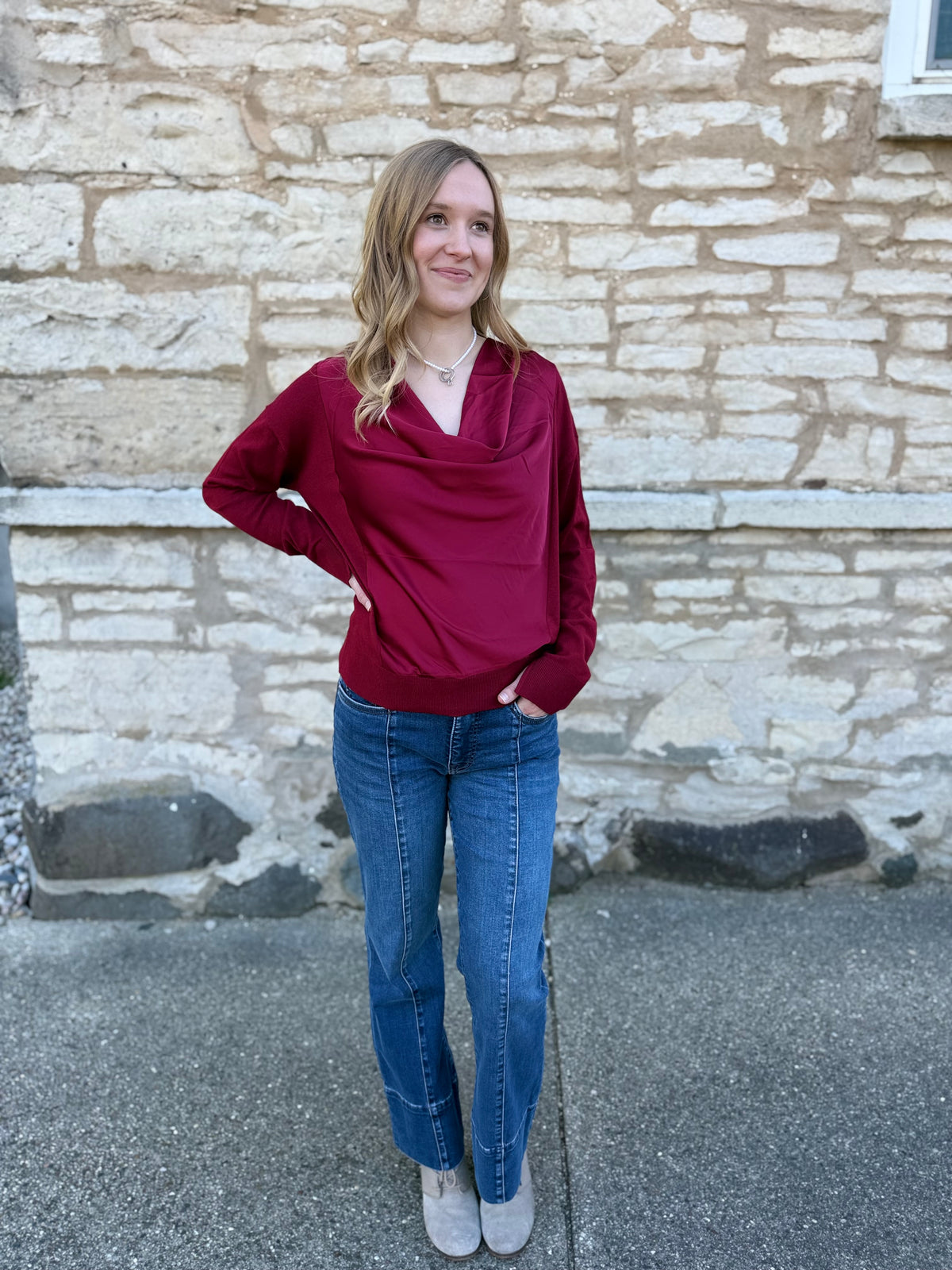 Long Sleeve Drape Neck Woven Sweater Cranberry