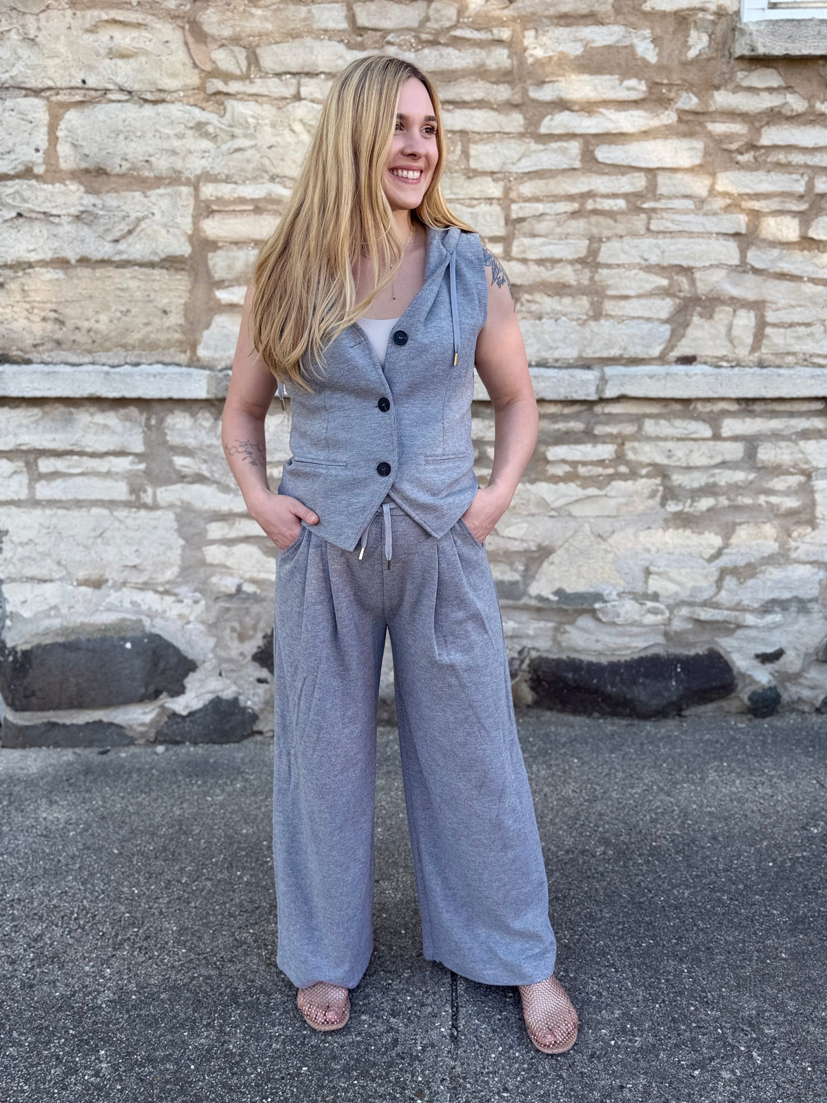Grey Button Vest Hoodie