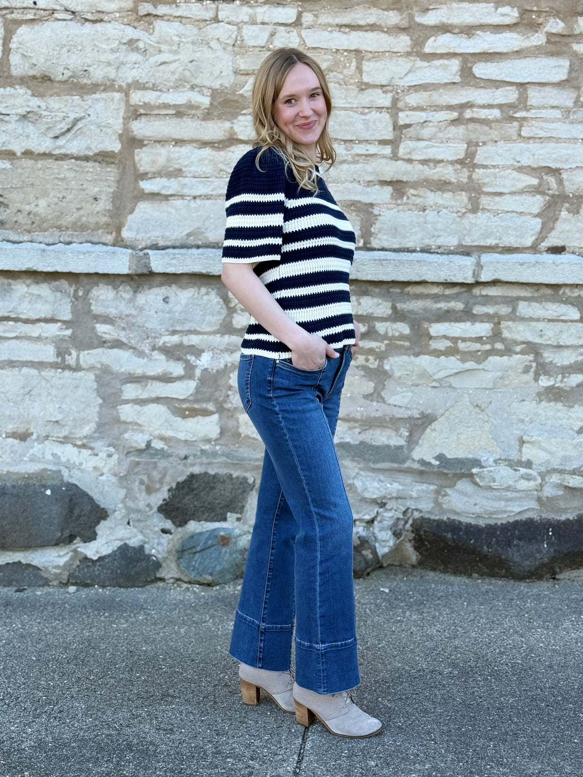 Samone Navy Stripe Knit Short Sleeve Sweater