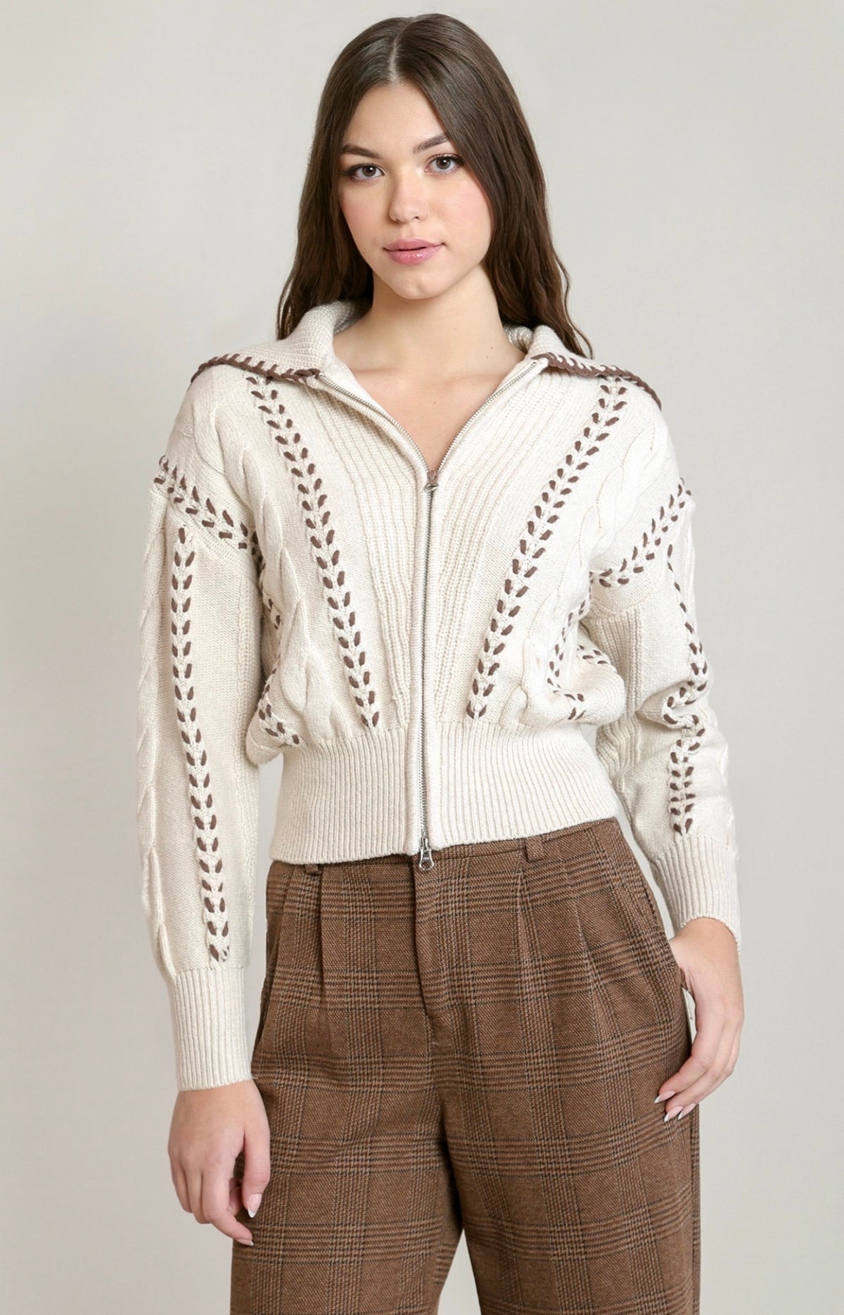 Cable Zip-Up Cardigan Oatmeal
