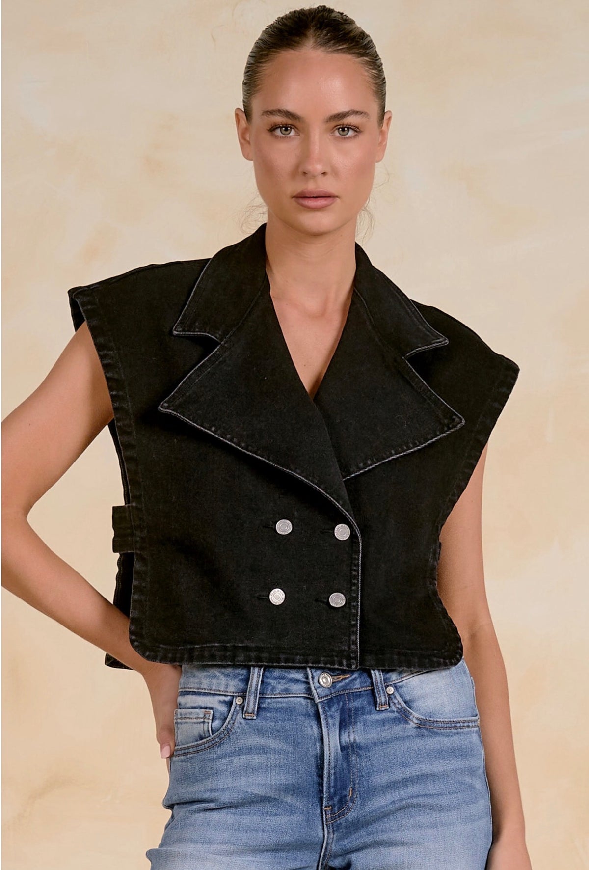 Black Denim Front Button Vest