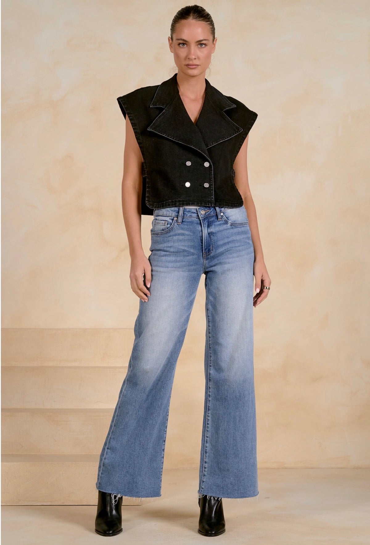 Black Denim Front Button Vest