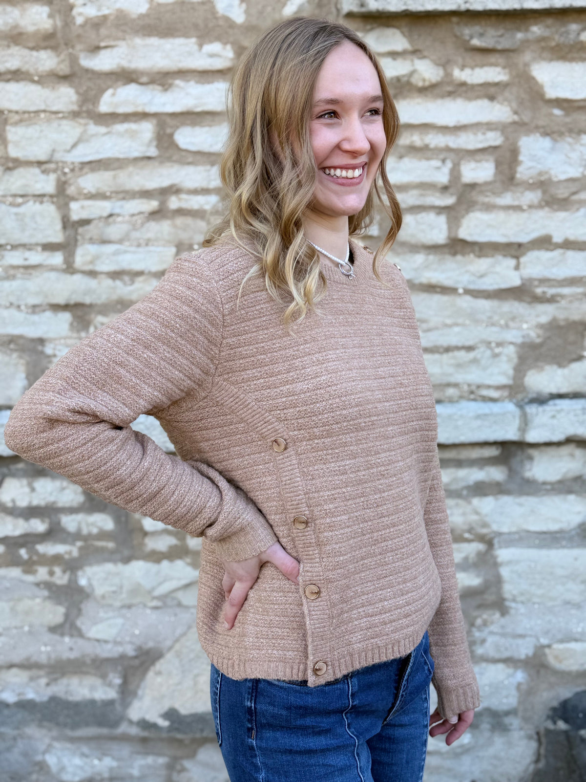 Button Detailed Textured Sweater Graham Cracker