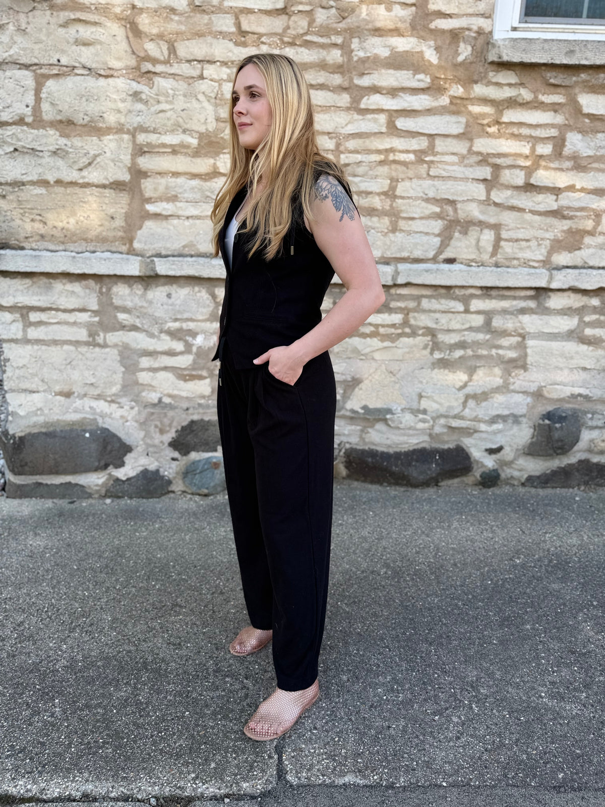 Black Button Vest Hoodie
