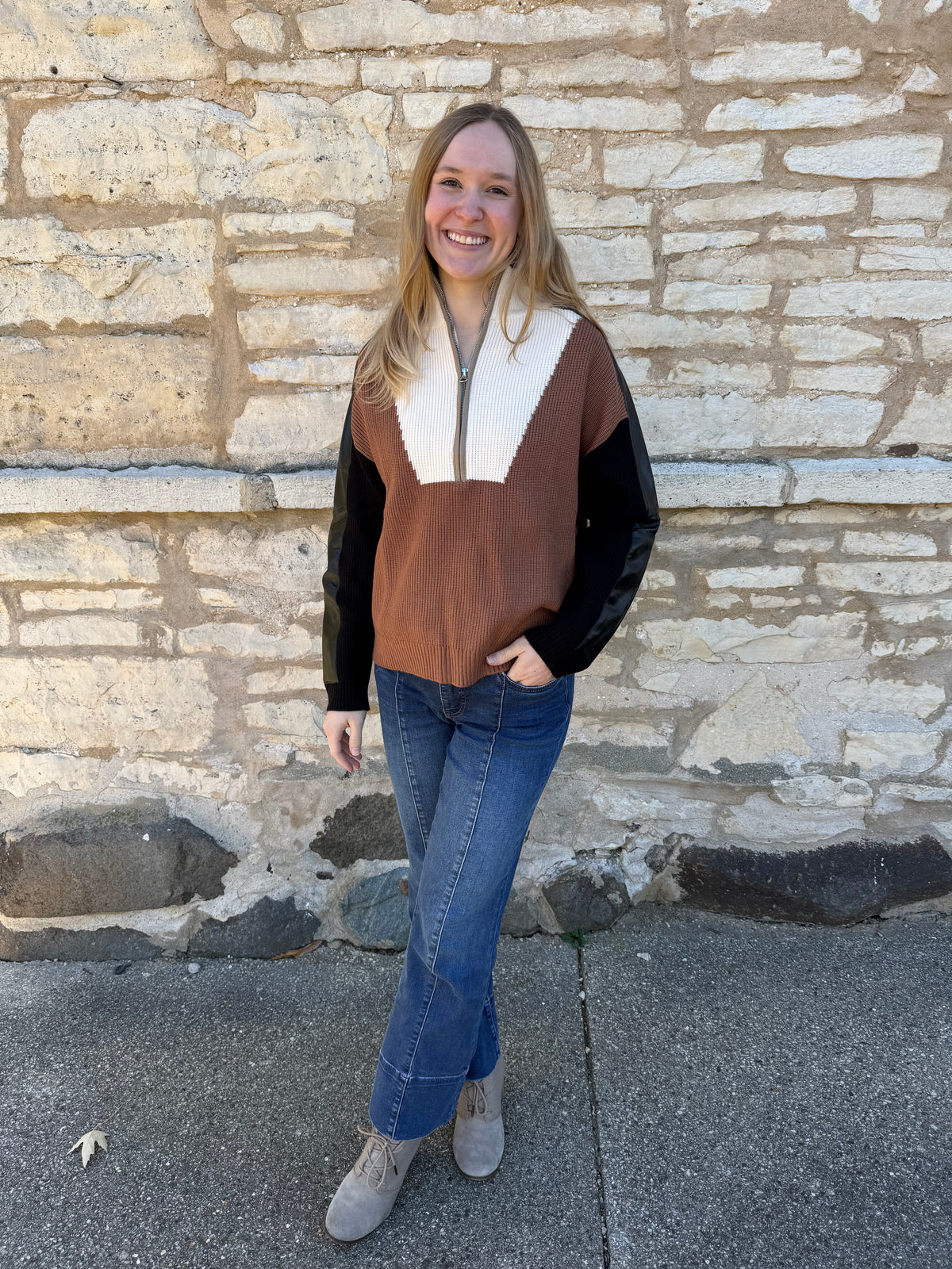 Color Block Quarter Zip Sweater