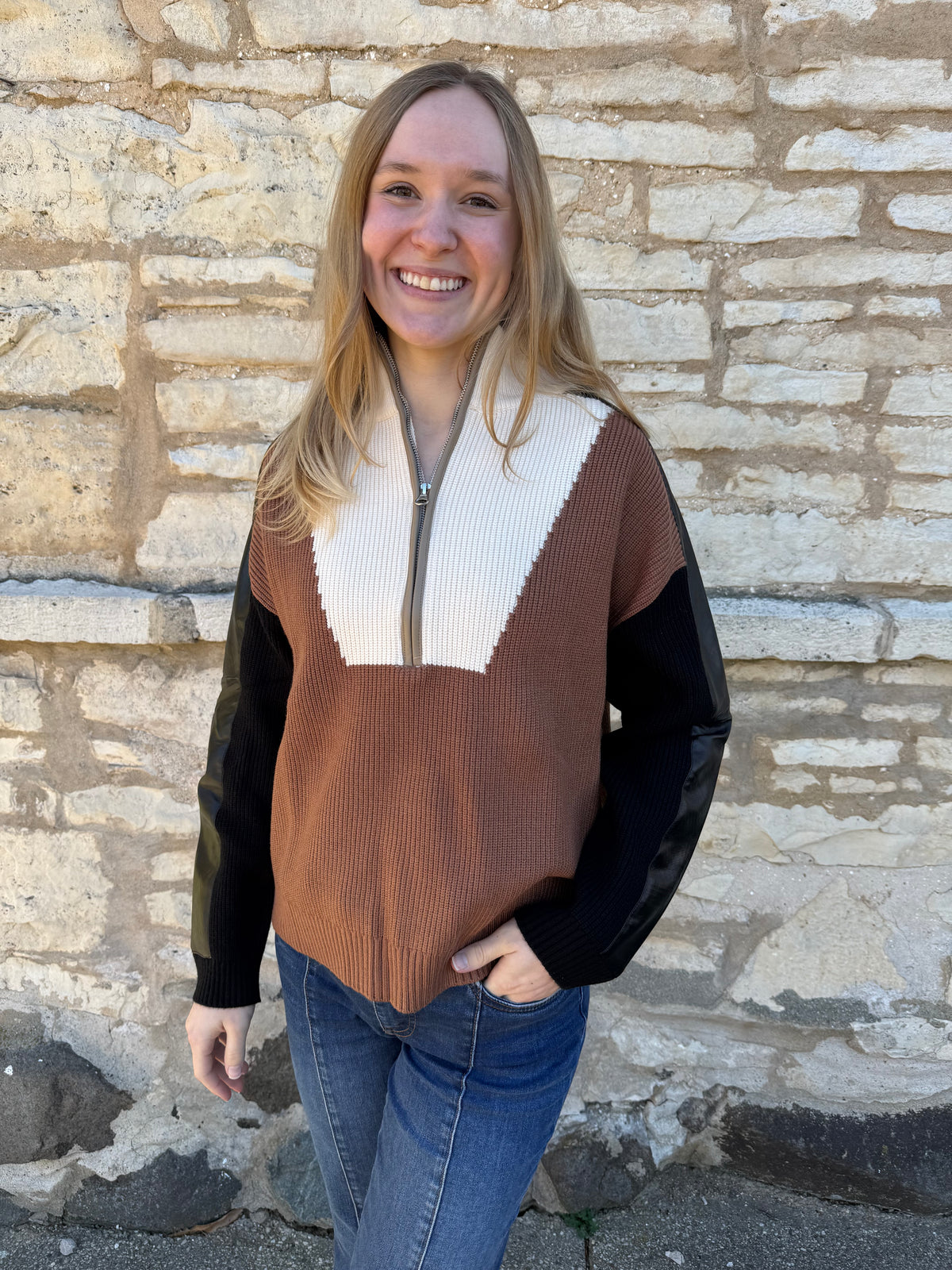 Color Block Quarter Zip Sweater