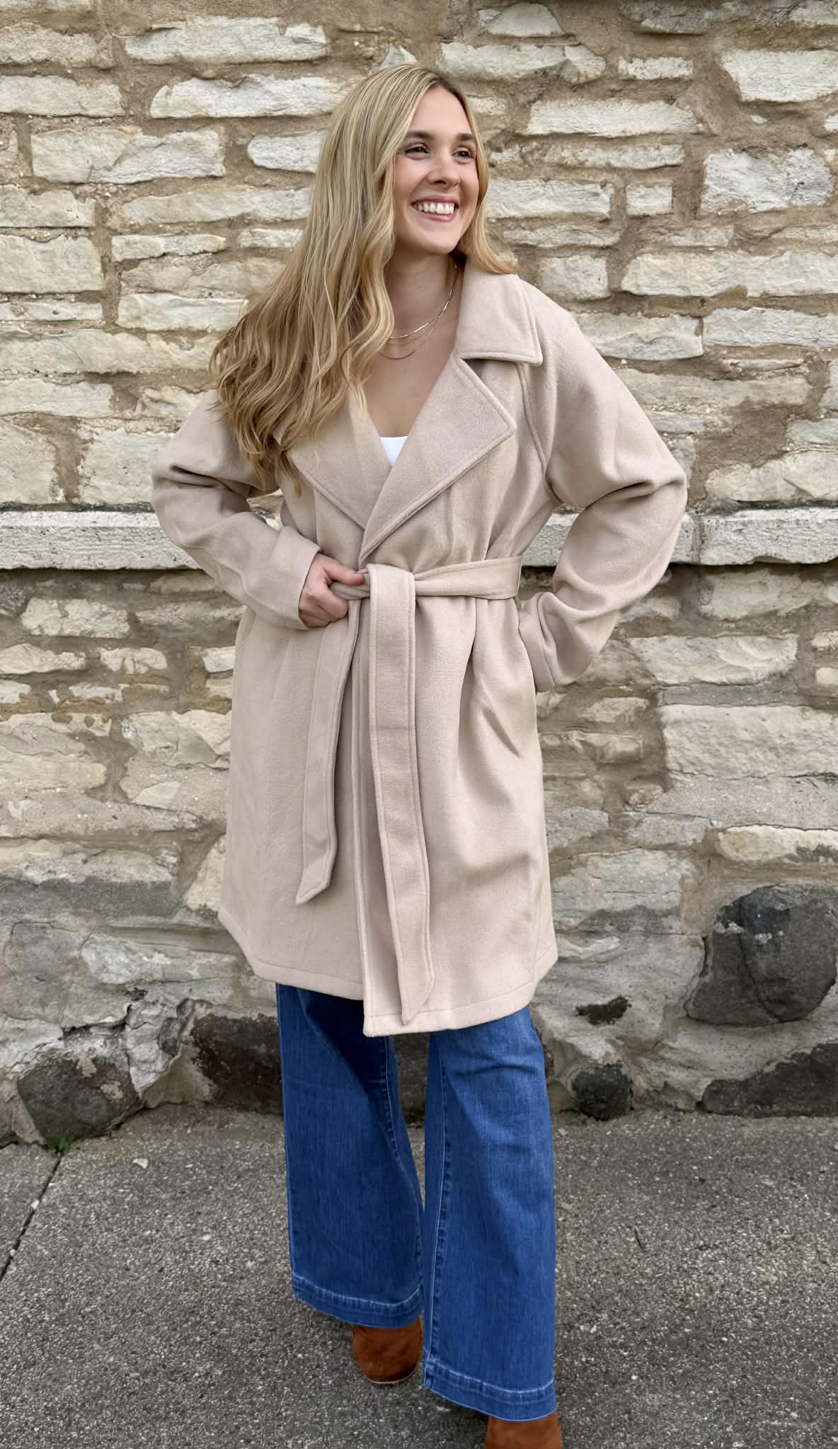 Lapel Collar Long Coat Oatmeal