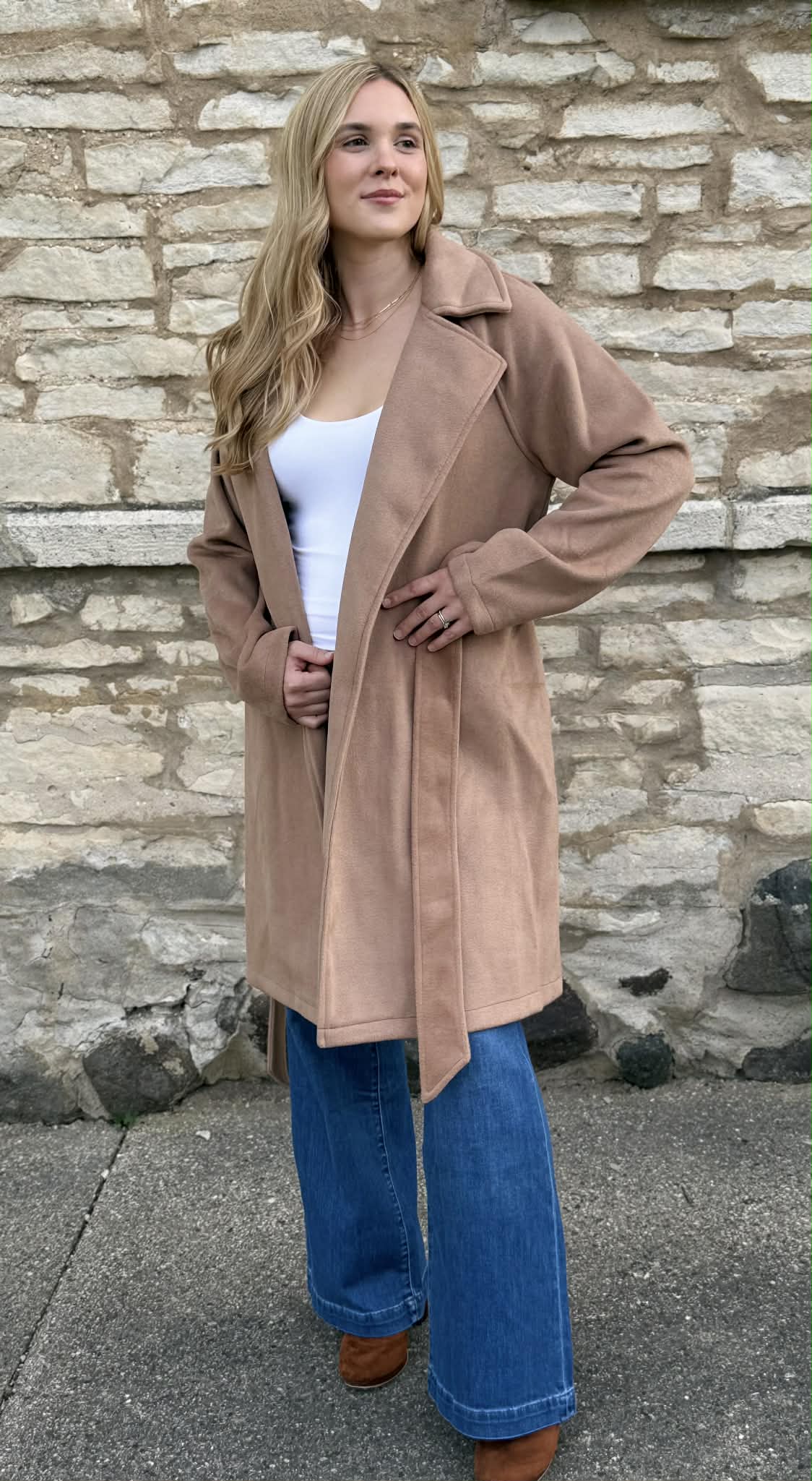 Lapel Collar Long Coat Camel