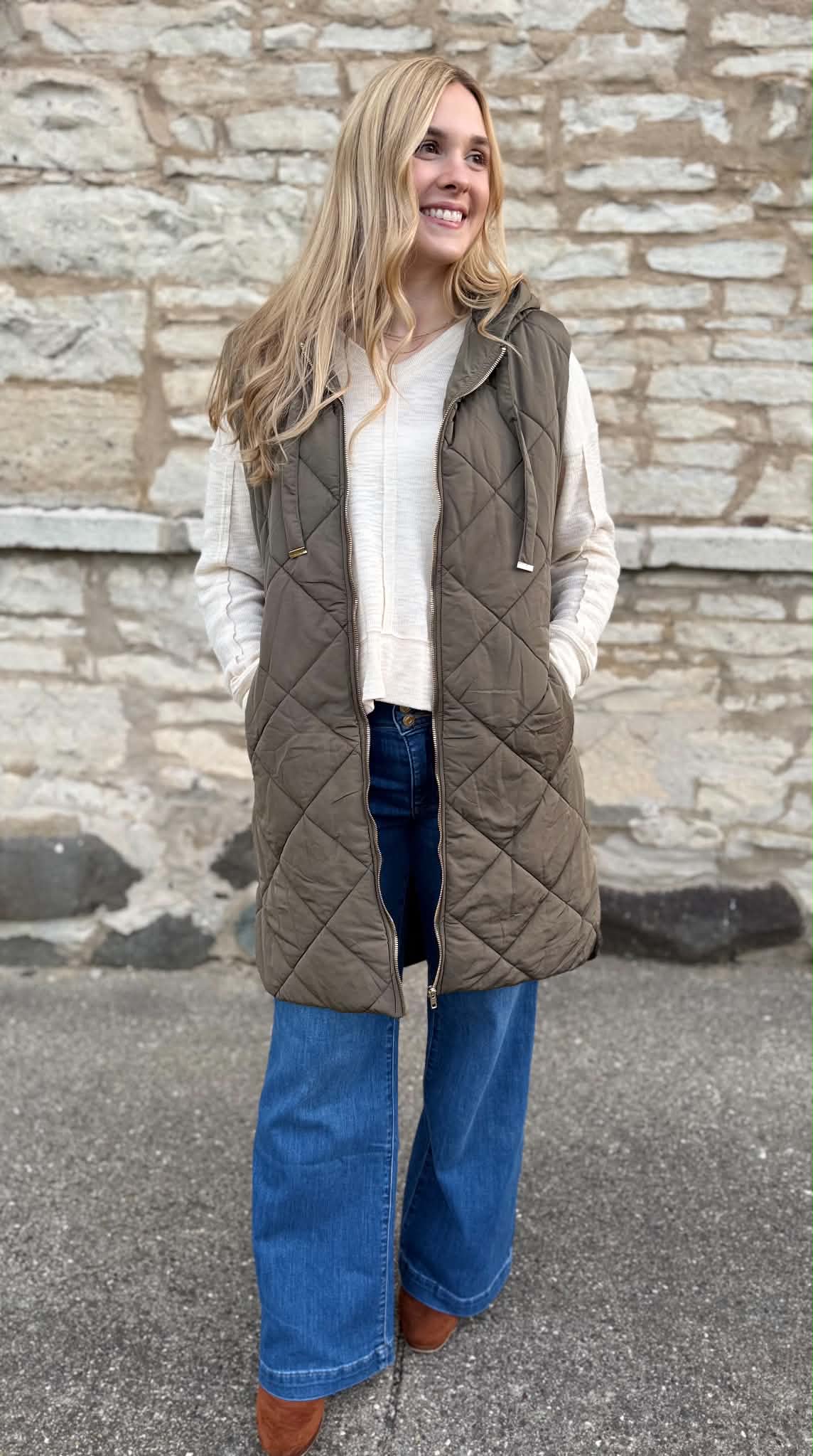 Quilted Puffer Long Hooded Vest