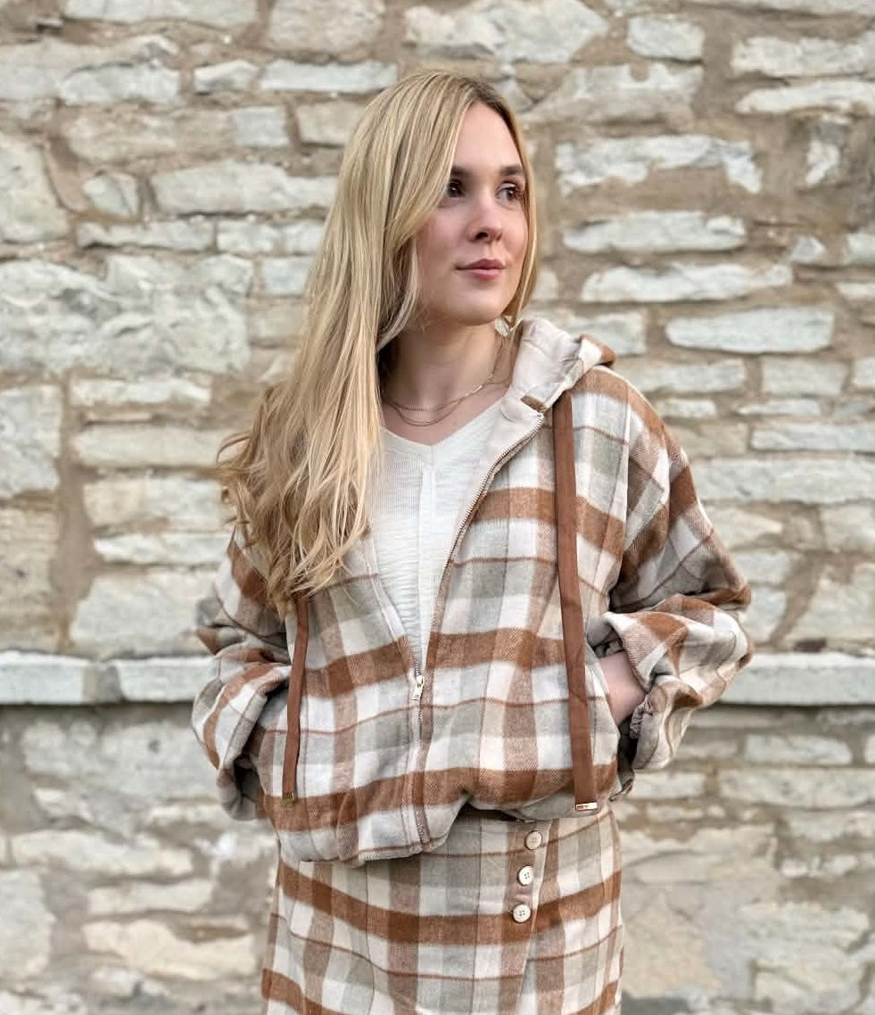 Faux Wool Plaid Bubble Hem Hoodie Jacket Caramel