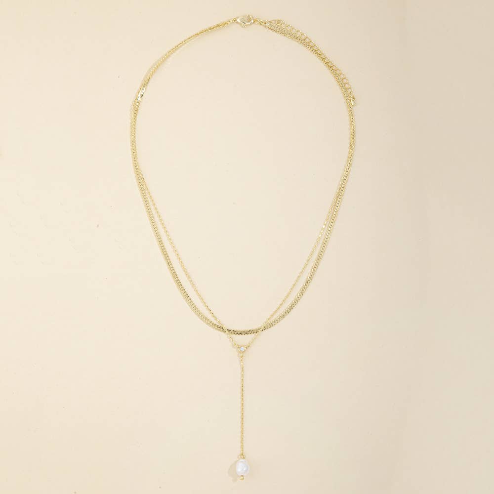 Layered Snake Chain Pearl Drop Y Necklace